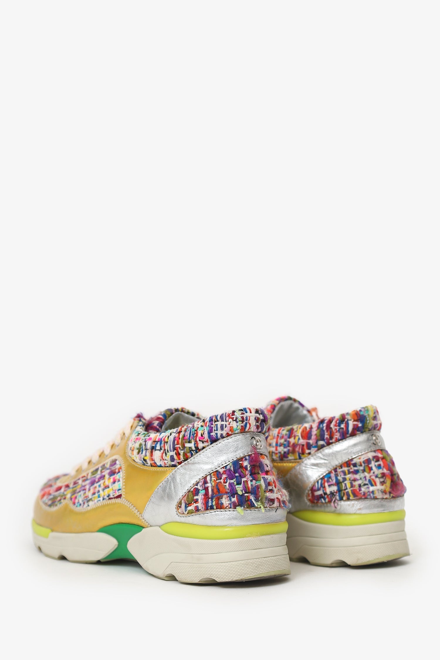 Pre-Loved Chanel™ Red/Green Tweed Gold Metallic Sneakers Size 36