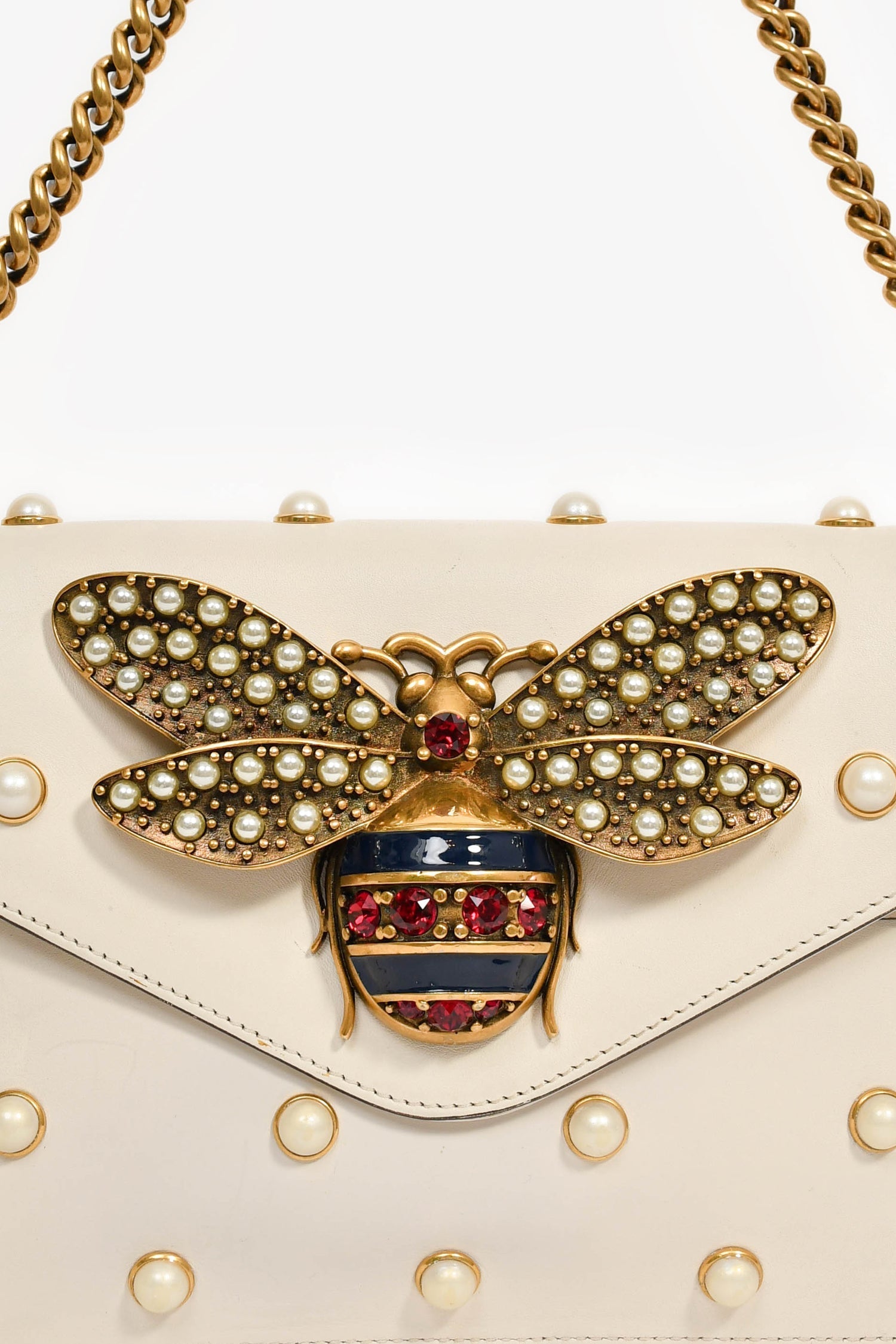 Gucci White Leather Pearl Studded Mini Broadway Bee Shoulder Bag with Web Strap