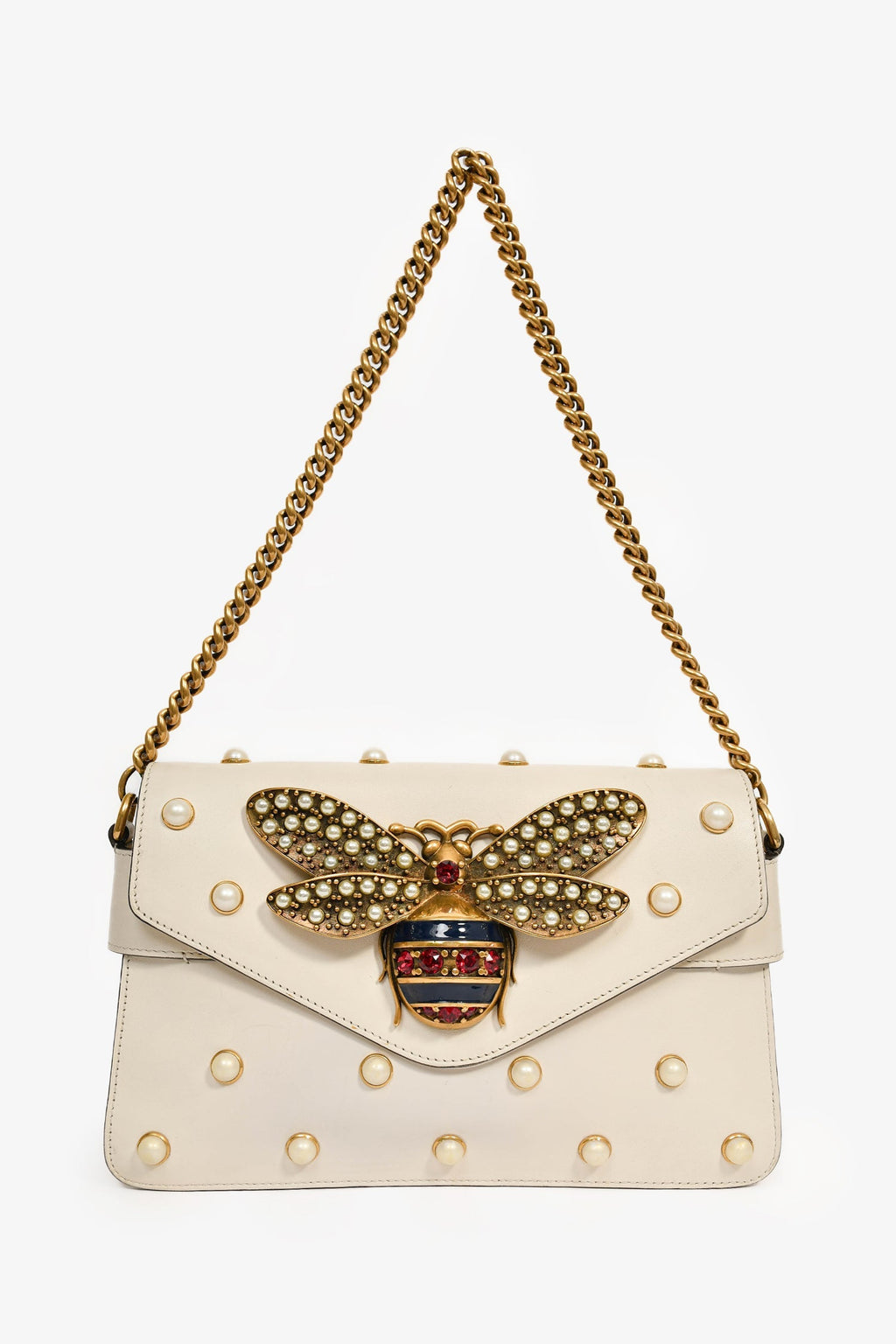 Gucci White Leather Pearl Studded Mini Broadway Bee Shoulder Bag with Web Strap