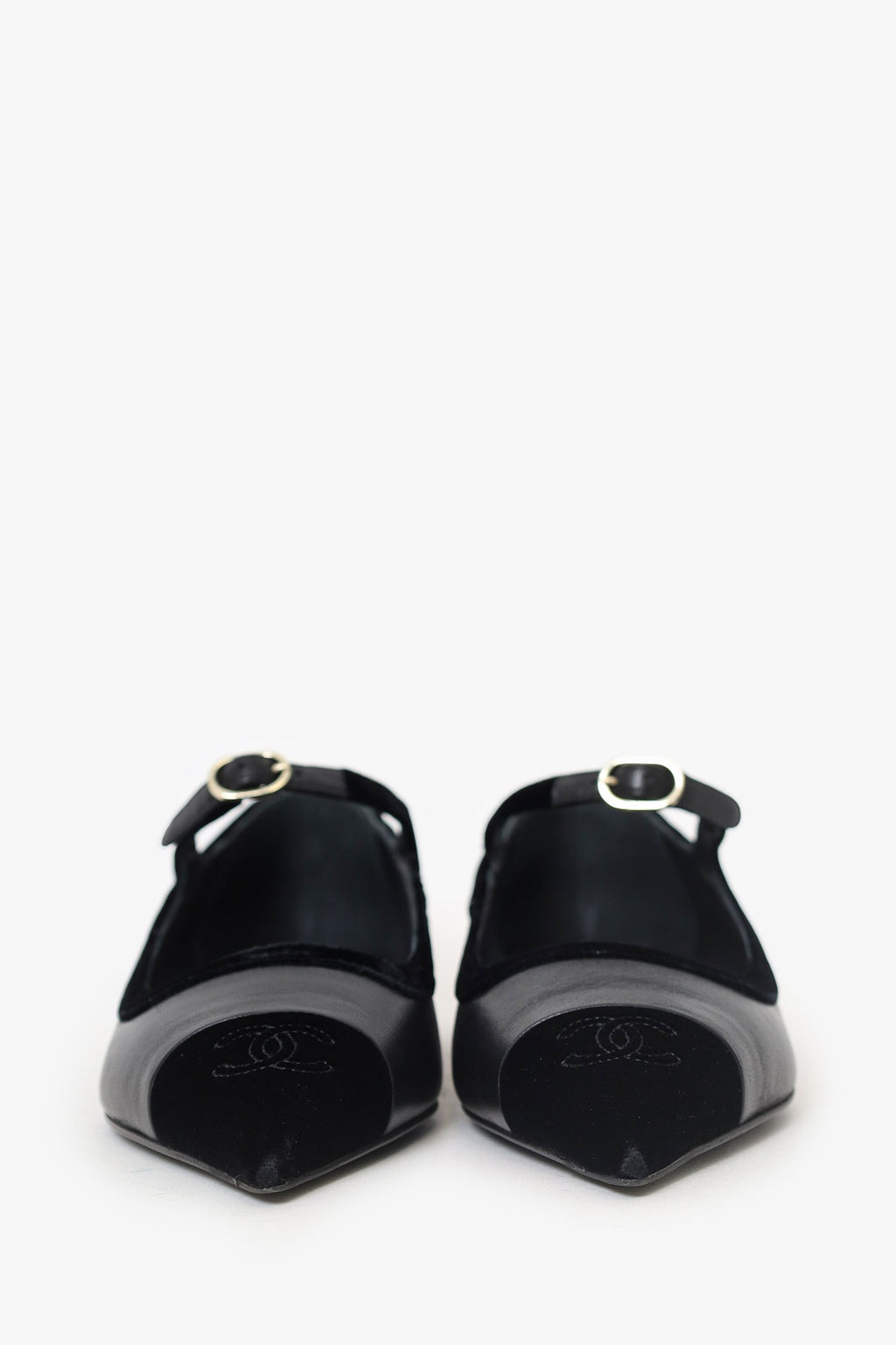 Pre-Loved Chanel™ Black Leather/Velvet Mary-Jane Pointed-Toe Flats Size 36.5