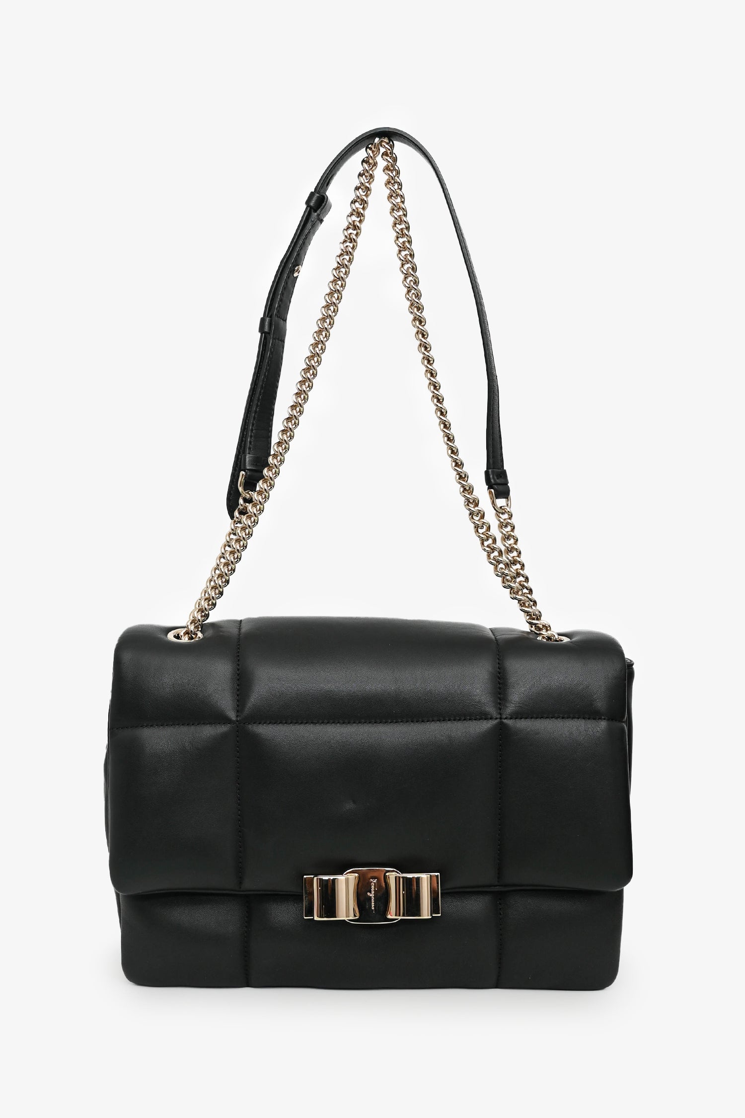 Salvatore Ferragamo Black Quilted Leather Vera Bow Shoulder Bag