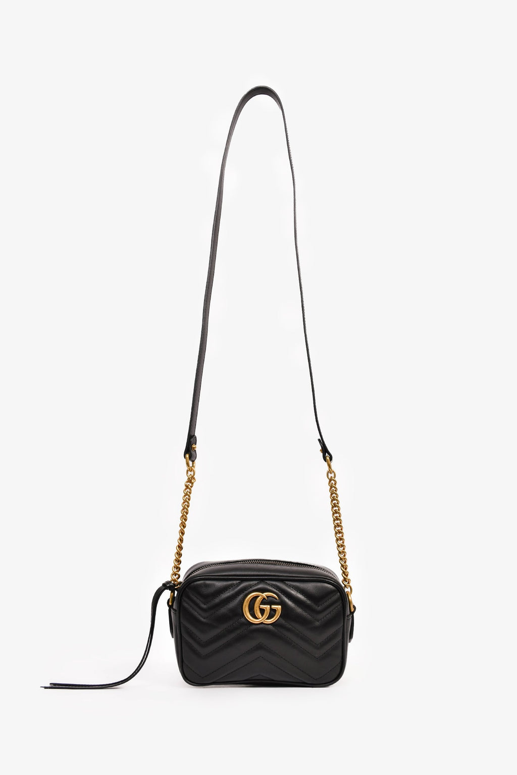 Gucci Black Leather Chevron Quilted Mini Camera Bag