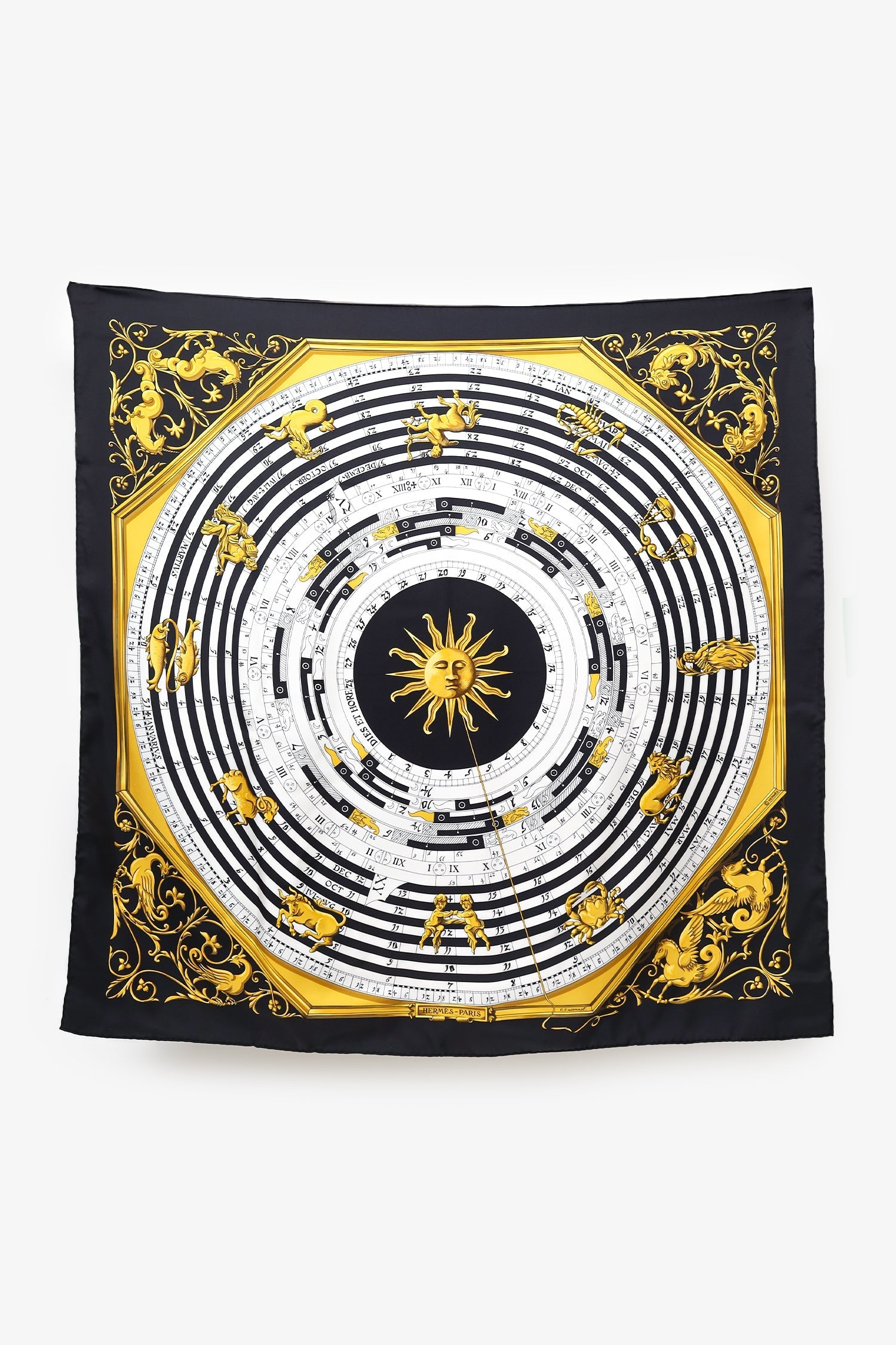Hermès Black 'Astrologie Dies et Hore' Silk Scarf 90cm