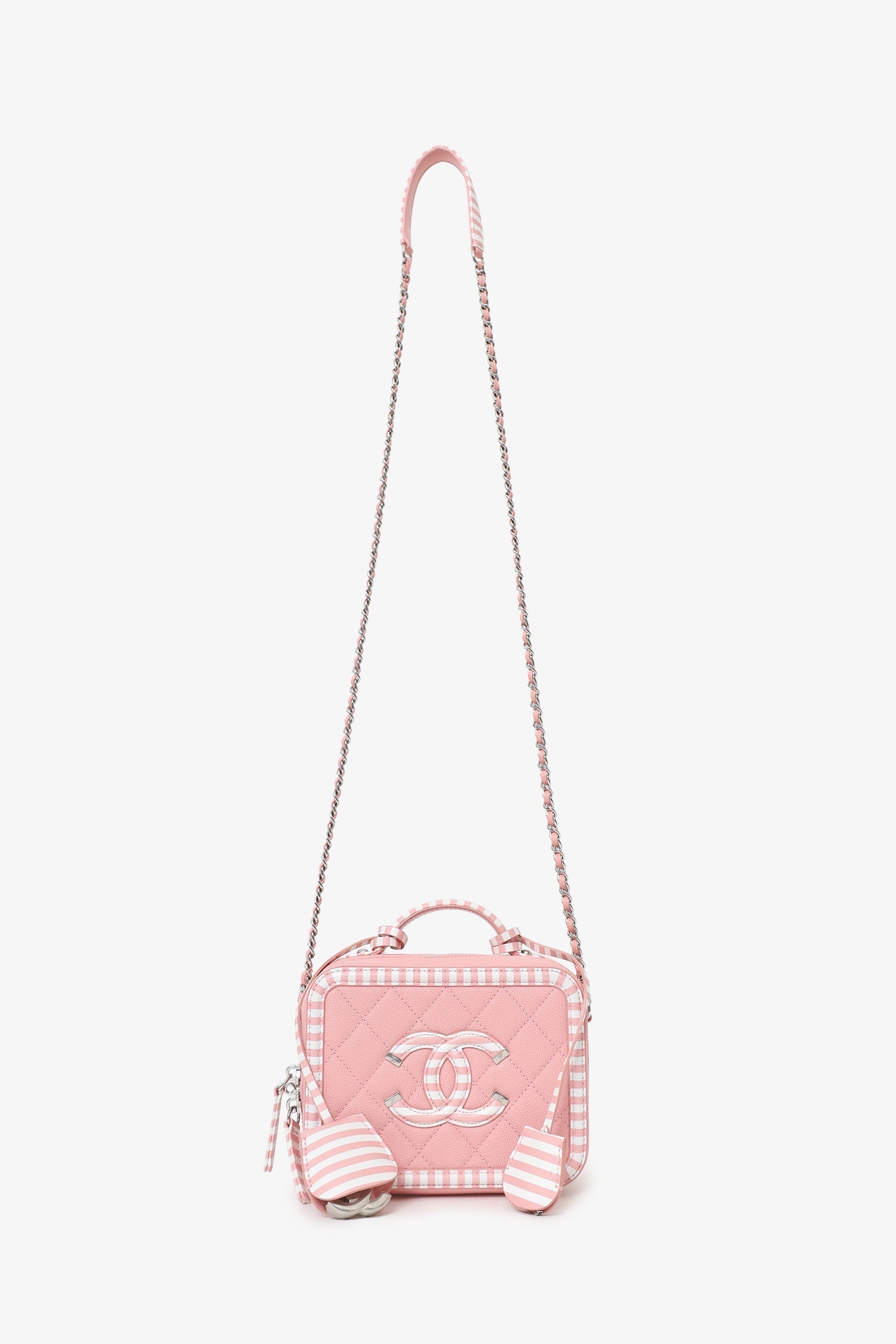 Pre-Loved Chanel™ 2019 Pink/White Caviar Quilted Striped Small CC Filigree Vanity Case