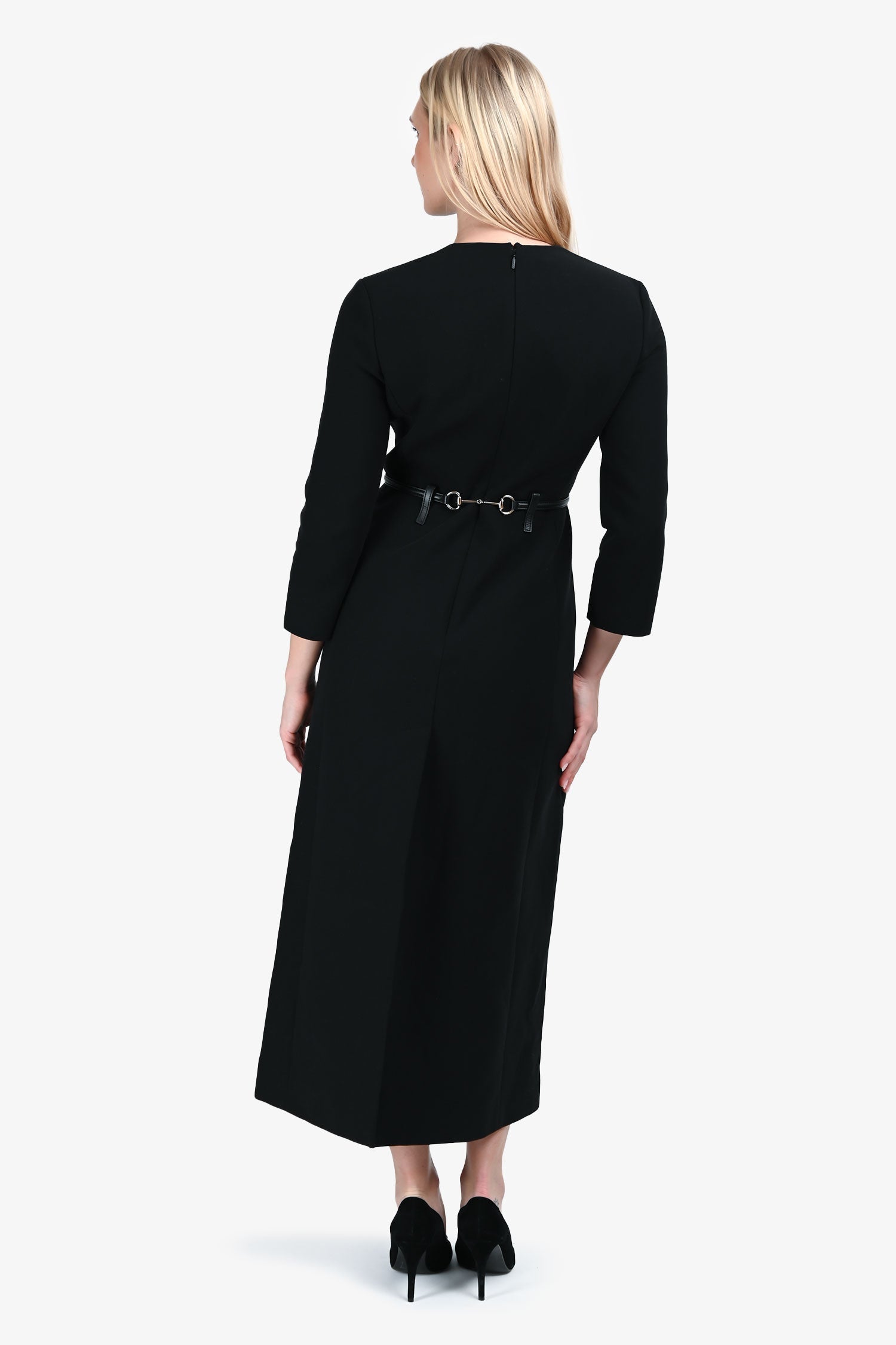 Gucci 25SS Black Cotton Crêpe Dress with Horsebit Belt Size 42