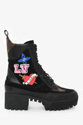 Louis Vuitton Black Suede Monogram Heart Patchwork Combat Boots Size 36.5