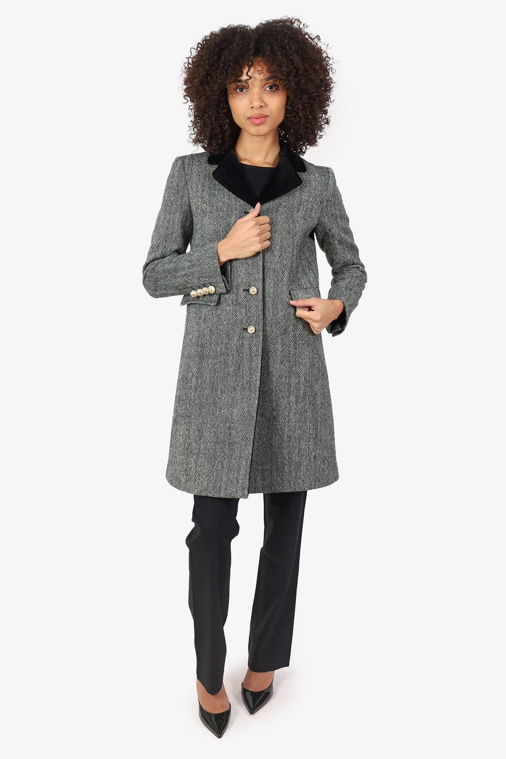 Gucci Black/White Wool Tweed Pearl Button Coat Size 38
