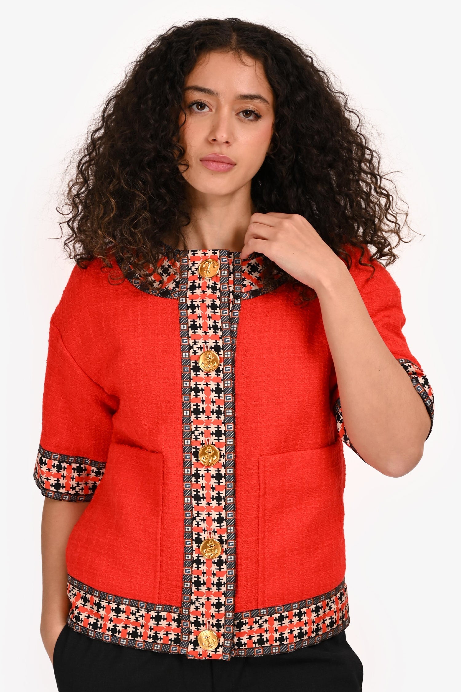 Gucci Red Wool Pattern Trim Short Sleeve Tweed Jacket Size 40 IT