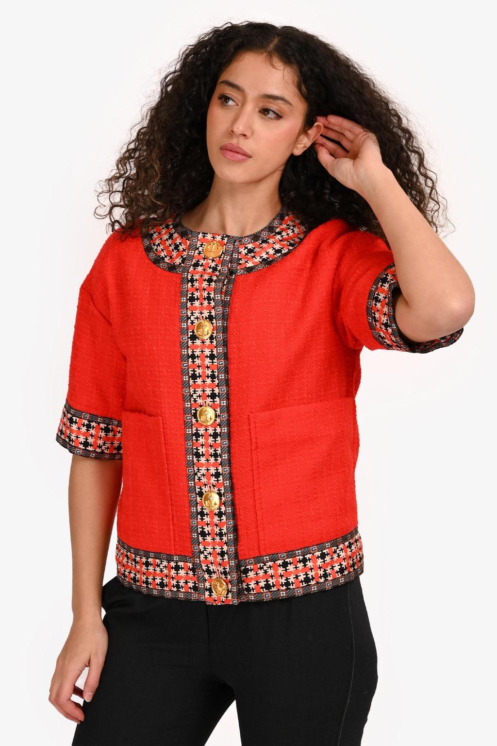 Gucci Red Wool Pattern Trim Short Sleeve Tweed Jacket Size 40 IT