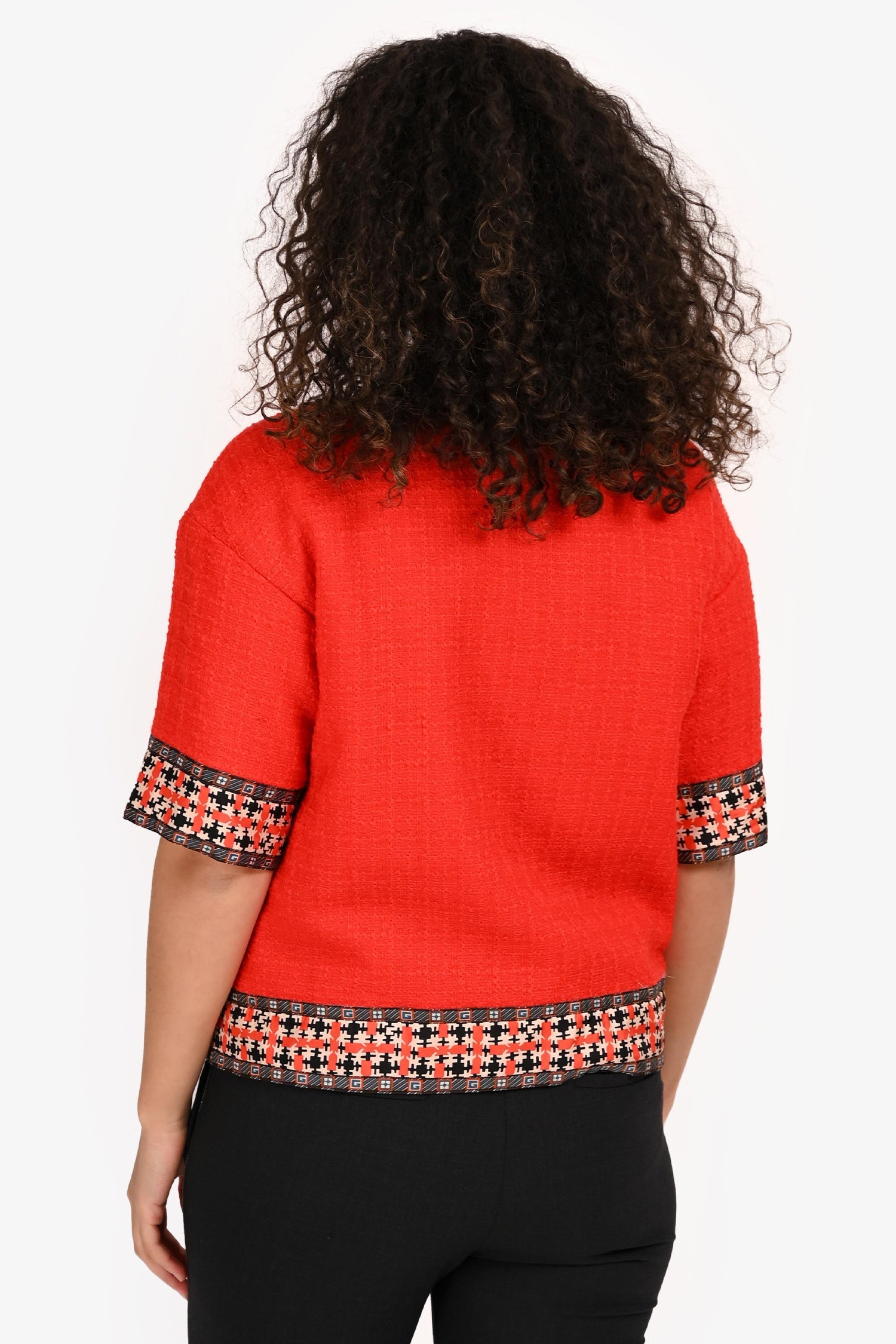 Gucci Red Wool Pattern Trim Short Sleeve Tweed Jacket Size 40 IT