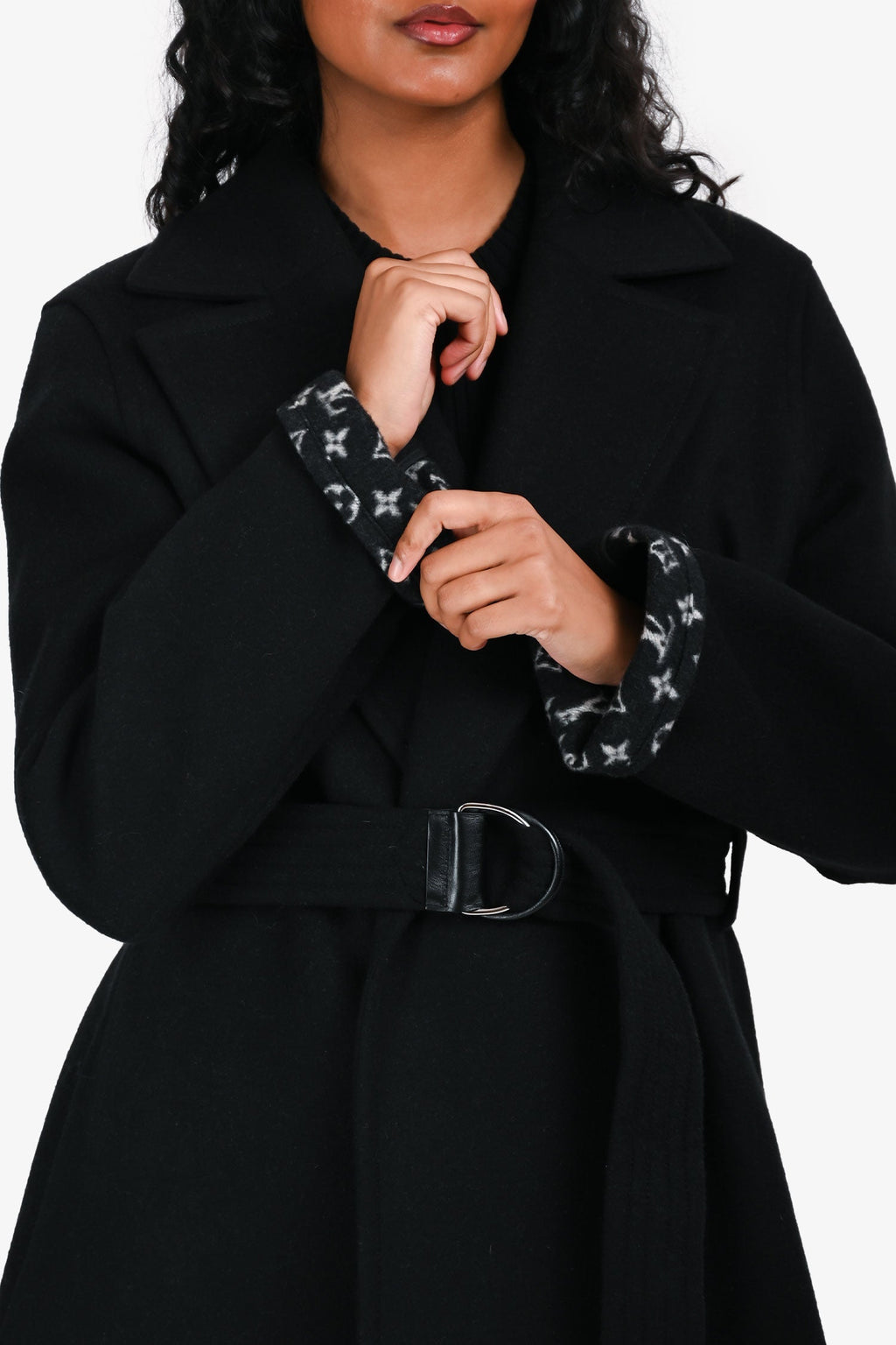 Louis Vuitton Black Wool Monogram Lined Belted Coat Size 38