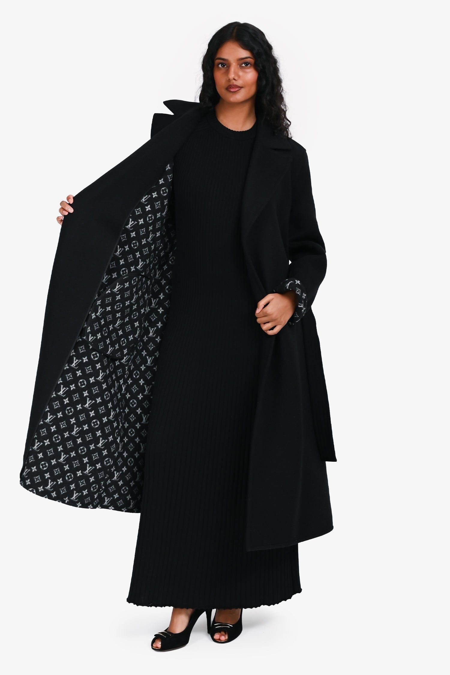 Louis Vuitton Black Wool Monogram Lined Belted Coat Size 38