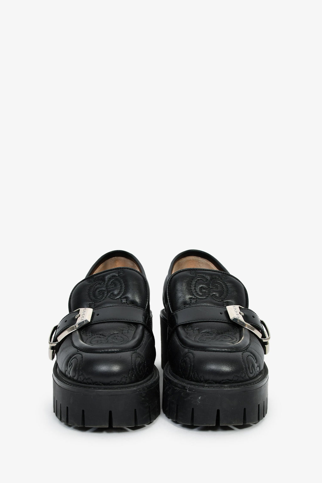 Gucci Black Leather GG Embossed Buckle Detail Platform Loafers Size 37