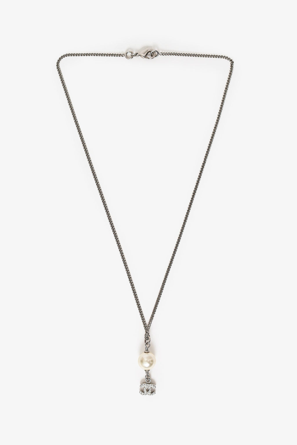 Pre-Loved Chanel™ Silver Tone Faux Pearl CC Drop Pendant Necklace