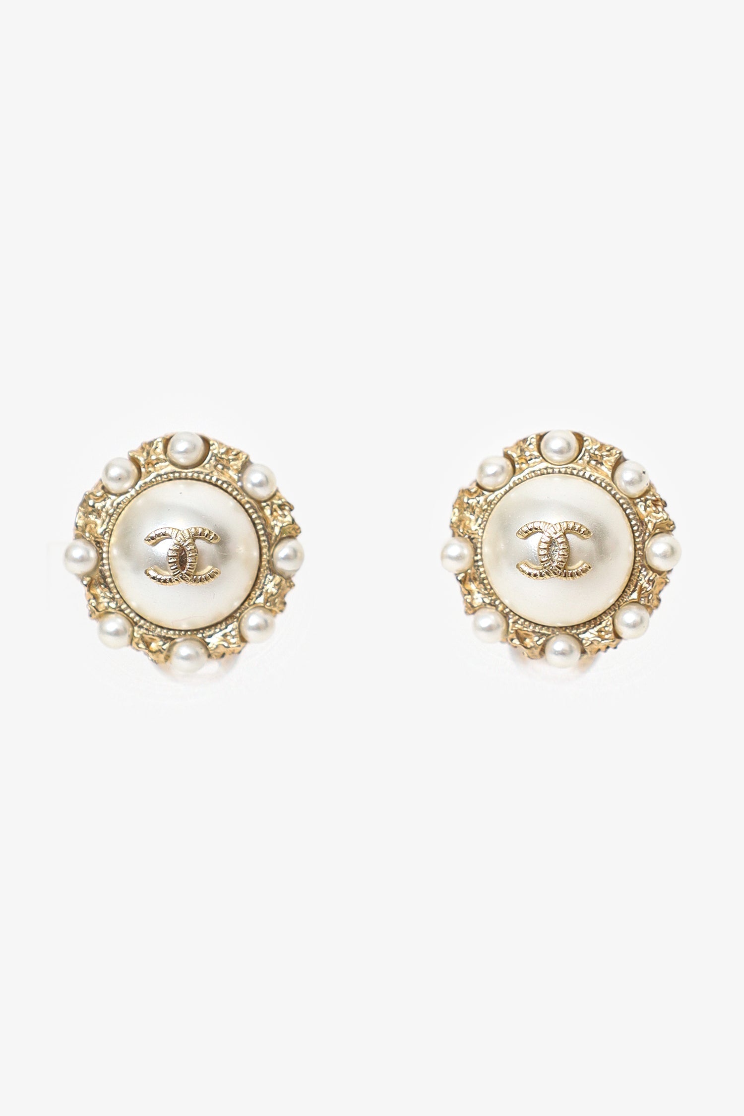 Pre-Loved Chanel™ Gold Tone Faux Pearl CC Logo Stud Earrings
