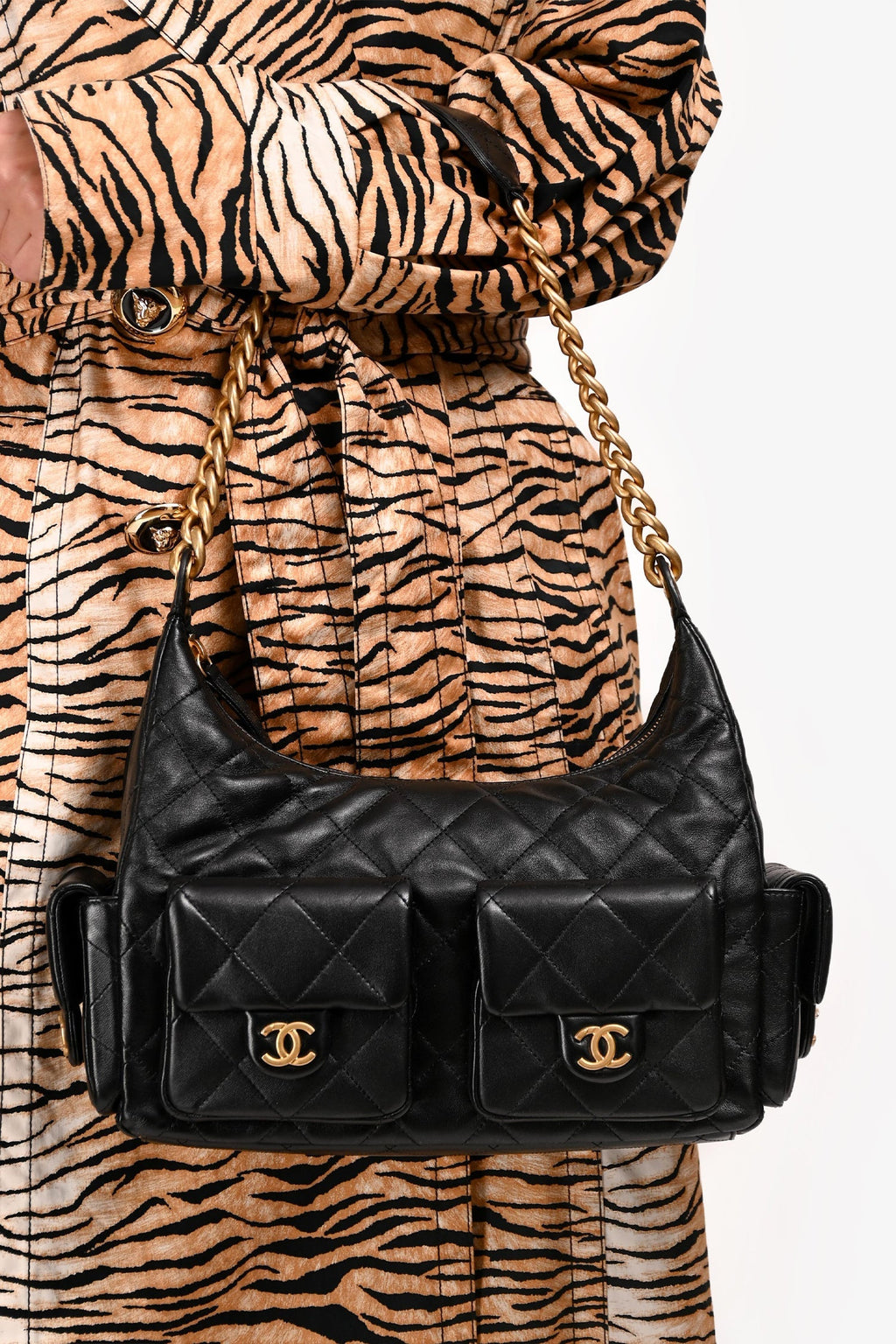 Pre-Loved Chanel™ Black Lambskin Leather Medium Trendy Pocket Hobo Shoulder Bag
