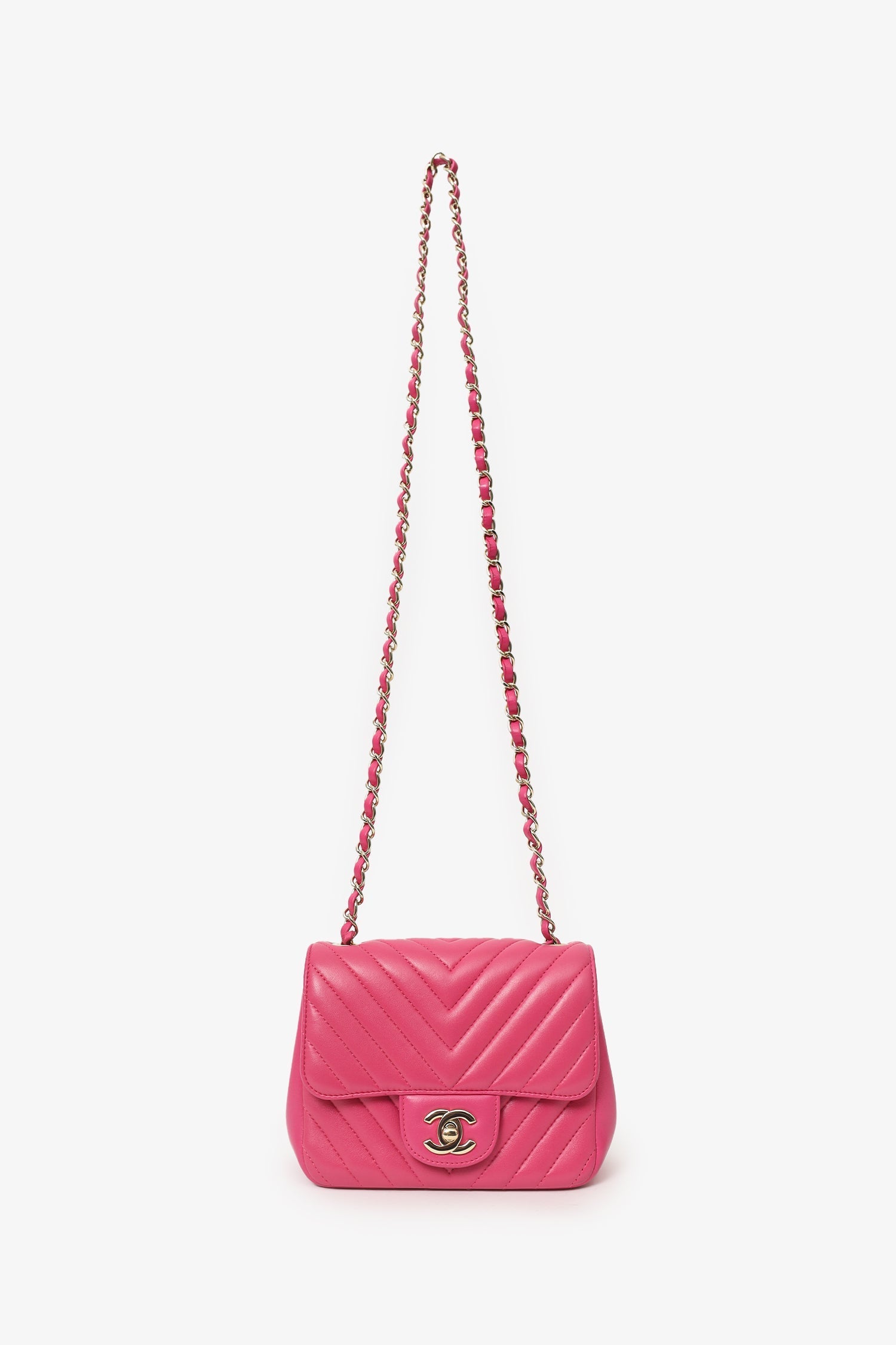 Pre-Loved Chanel™ 2017/18 Pink Leather Chevron Mini Square Flap Bag