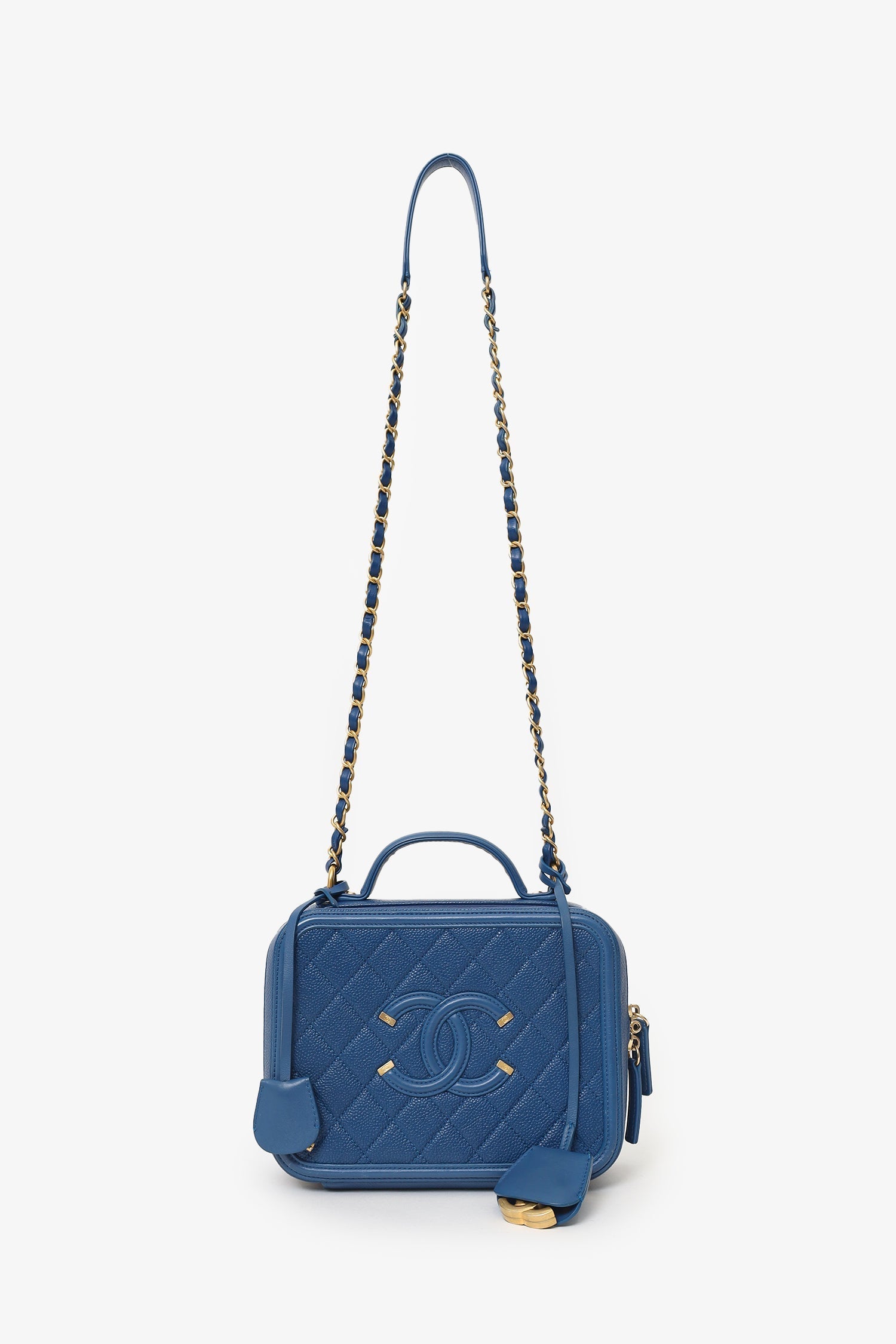 Pre-Loved Chanel™ 2019 Blue Caviar Quilted Small CC Filigree Vanity Case