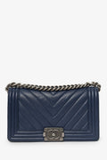 Pre-Loved Chanel™ 2017-18 Navy Caviar Chevron Medium Boy Bag