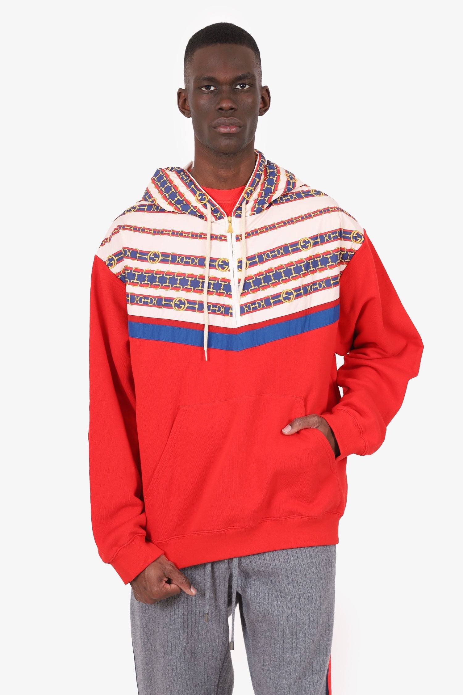 Gucci Red Jersey/Nylon Horsebit Print Half-zip Hoodie Size XL Mens