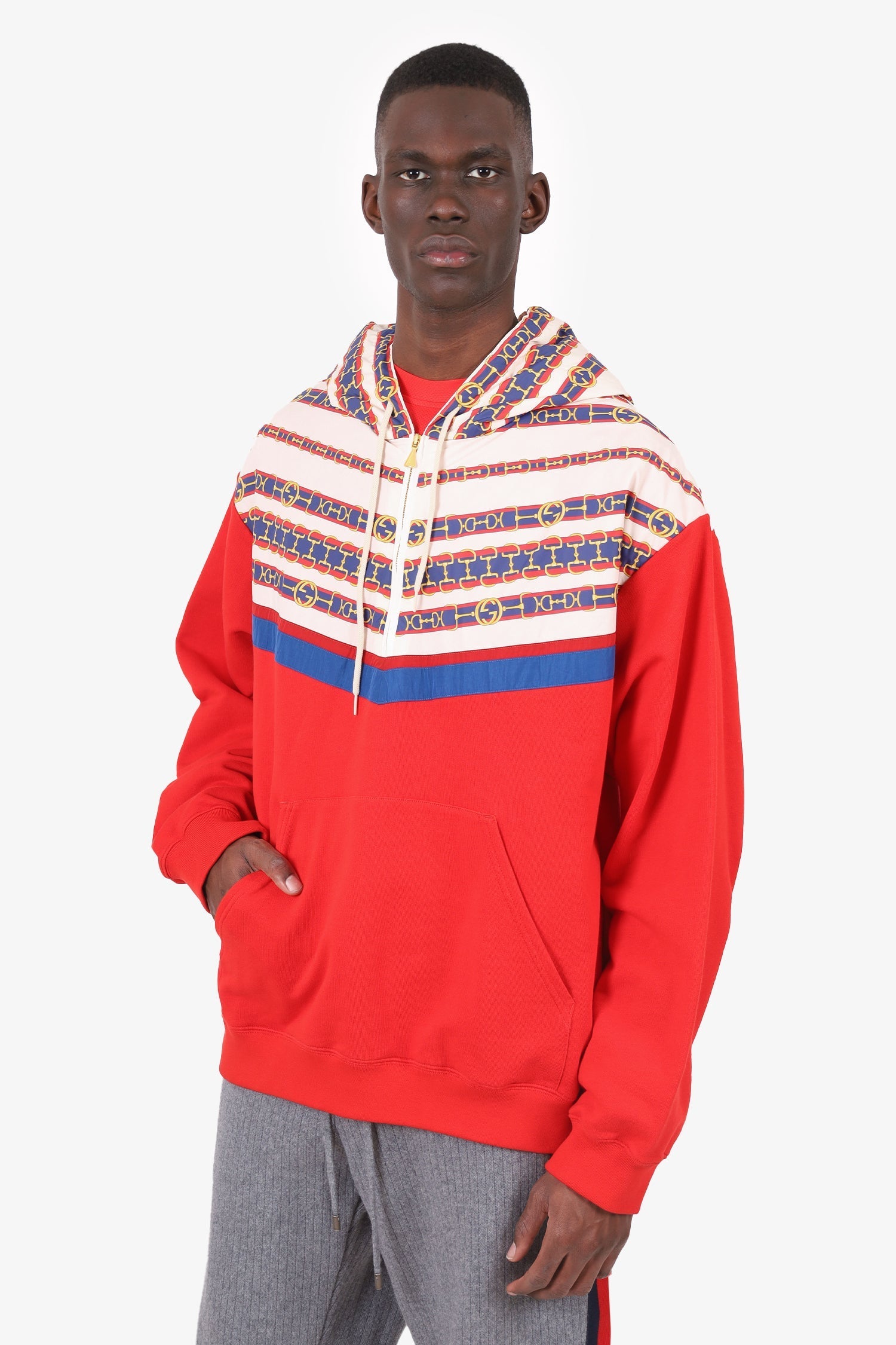 Gucci Red Jersey/Nylon Horsebit Print Half-zip Hoodie Size XL Mens