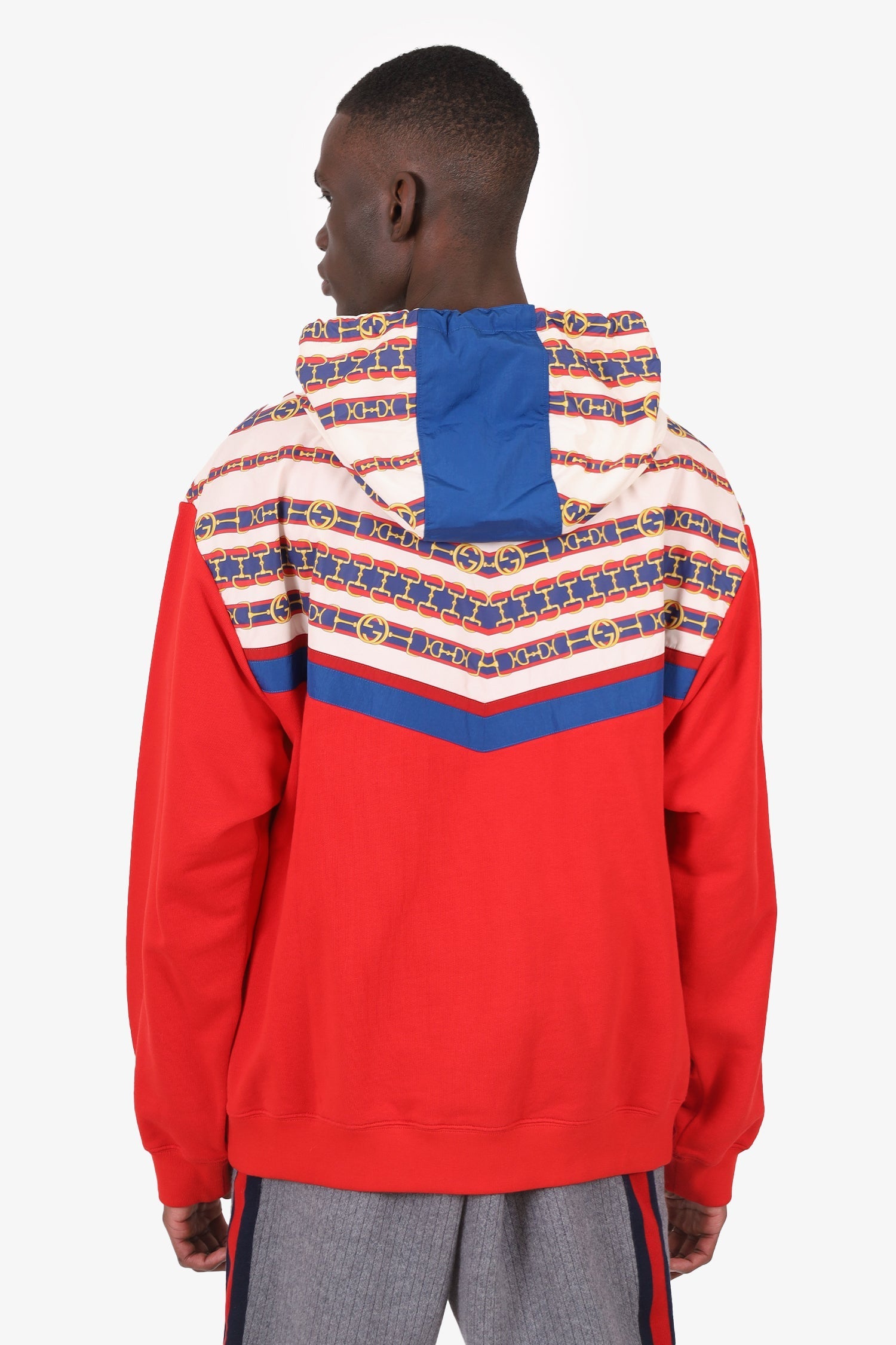 Gucci Red Jersey/Nylon Horsebit Print Half-zip Hoodie Size XL Mens