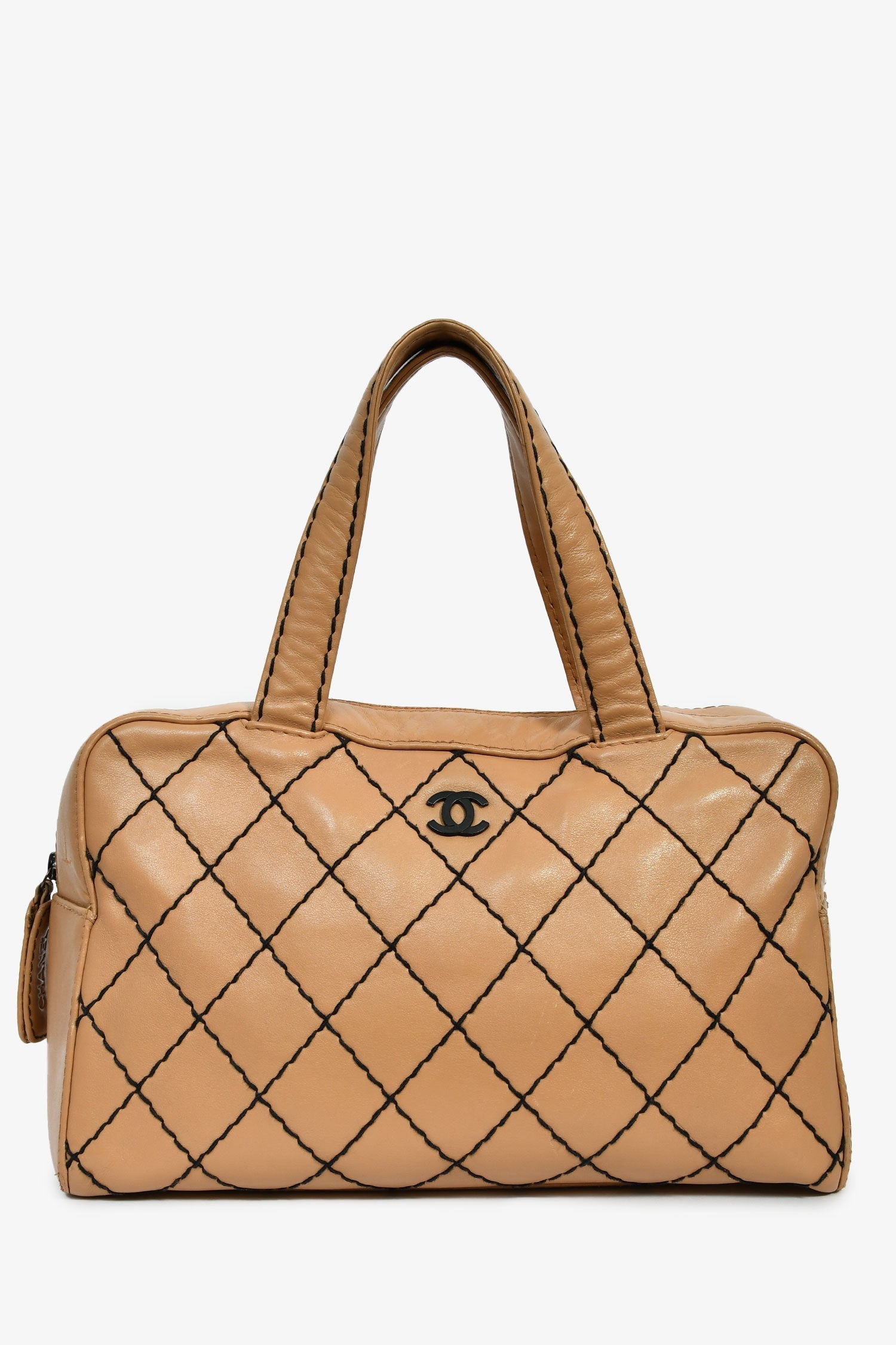 Pre-Loved Chanel™ 2000-2002 Tan Contrast Leather Medium Boston Bag