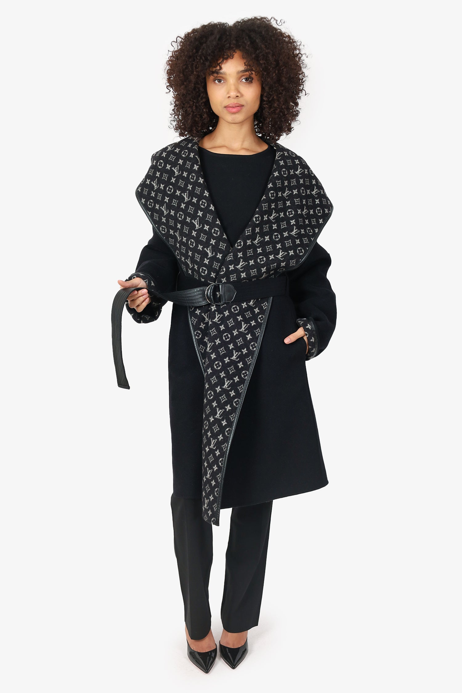 Louis Vuitton Black Wool Monogram Hooded Wrap Coat Size 44
