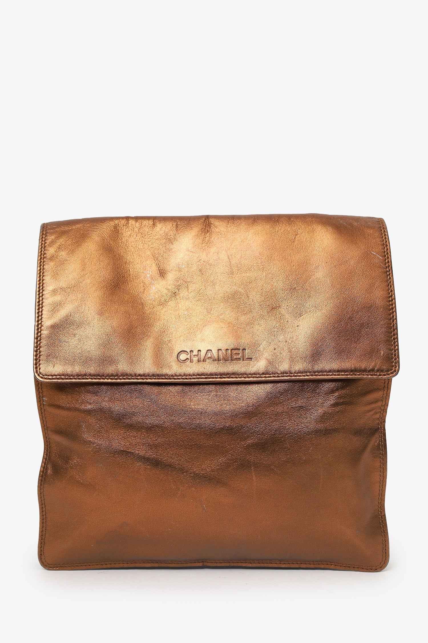 Pre-Loved Chanel™ 1997-99 Gold Metallic Leather Logo Flap Messenger Bag