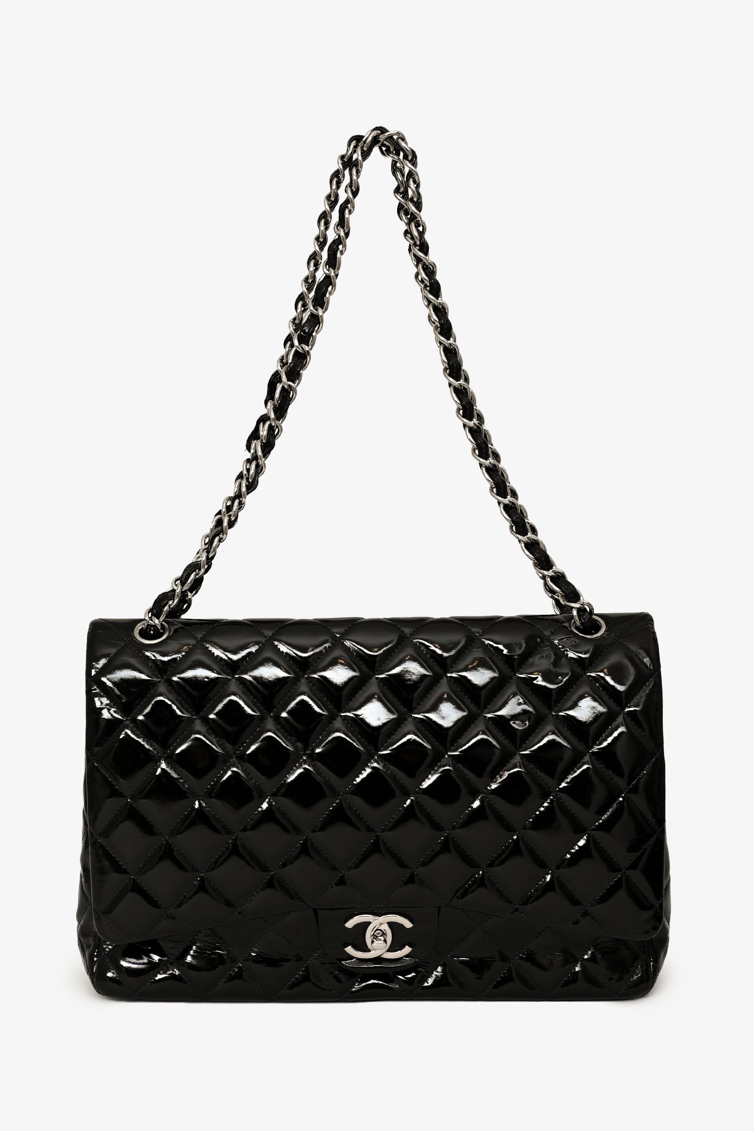 Pre-Loved Chanel™ 2010-11 Black Patent Leather Maxi Jumbo Double Flap