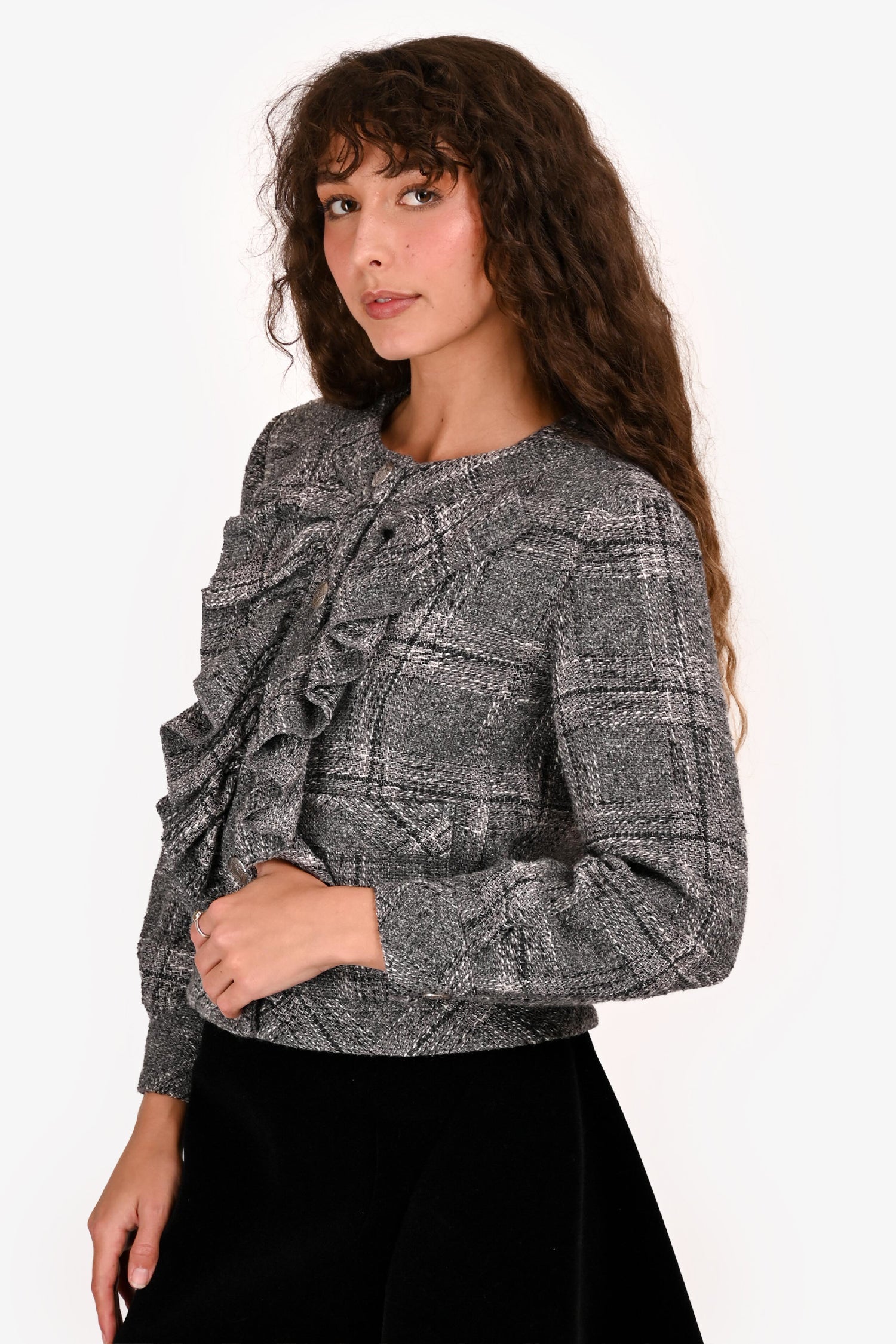 Pre-Loved Chanel™ 2019 Grey Ruffled Tweed Jacket Size 34
