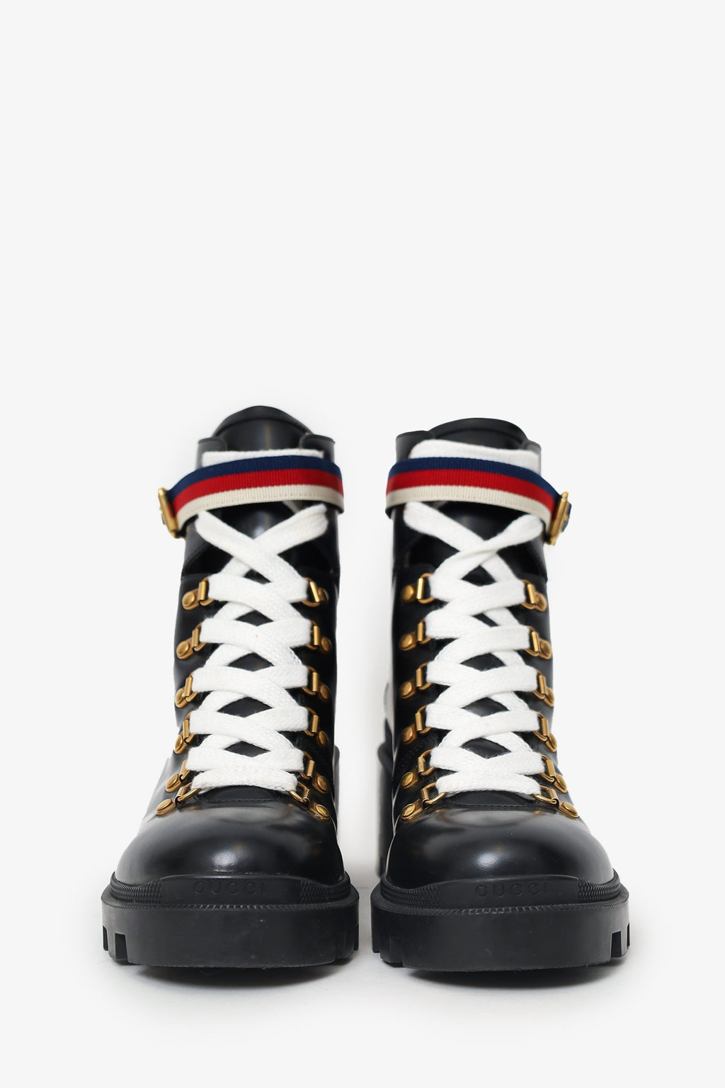 Gucci Black Leather Sylvie Web Combat Boots Size 40