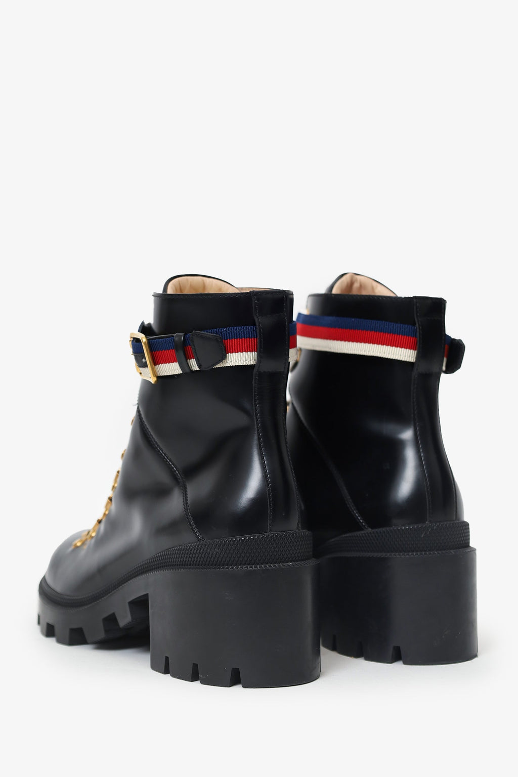 Gucci Black Leather Sylvie Web Combat Boots Size 40
