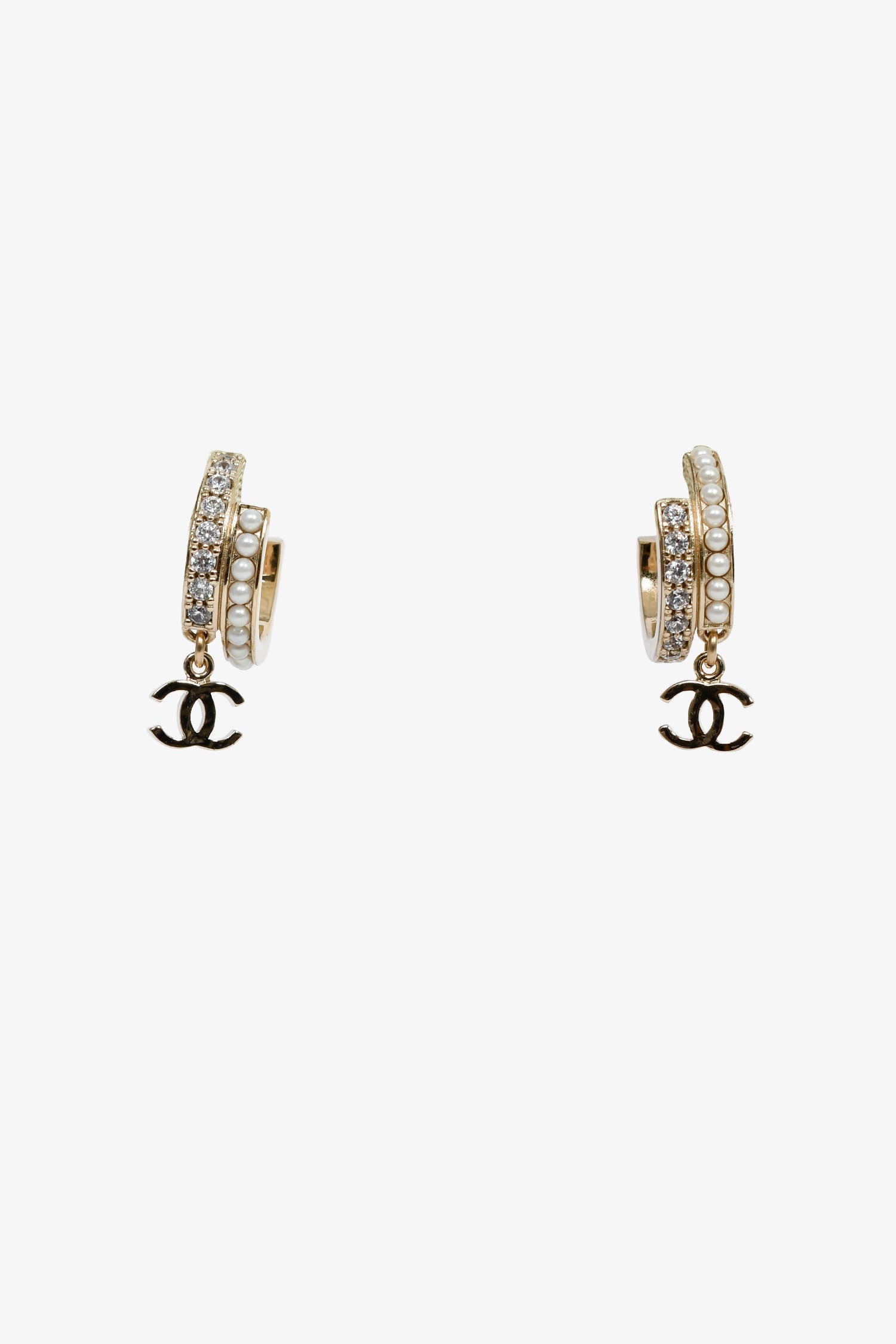 Pre-Loved Chanel™ 2022 Champagne Gold Toned Faux Pearl CC Hoops
