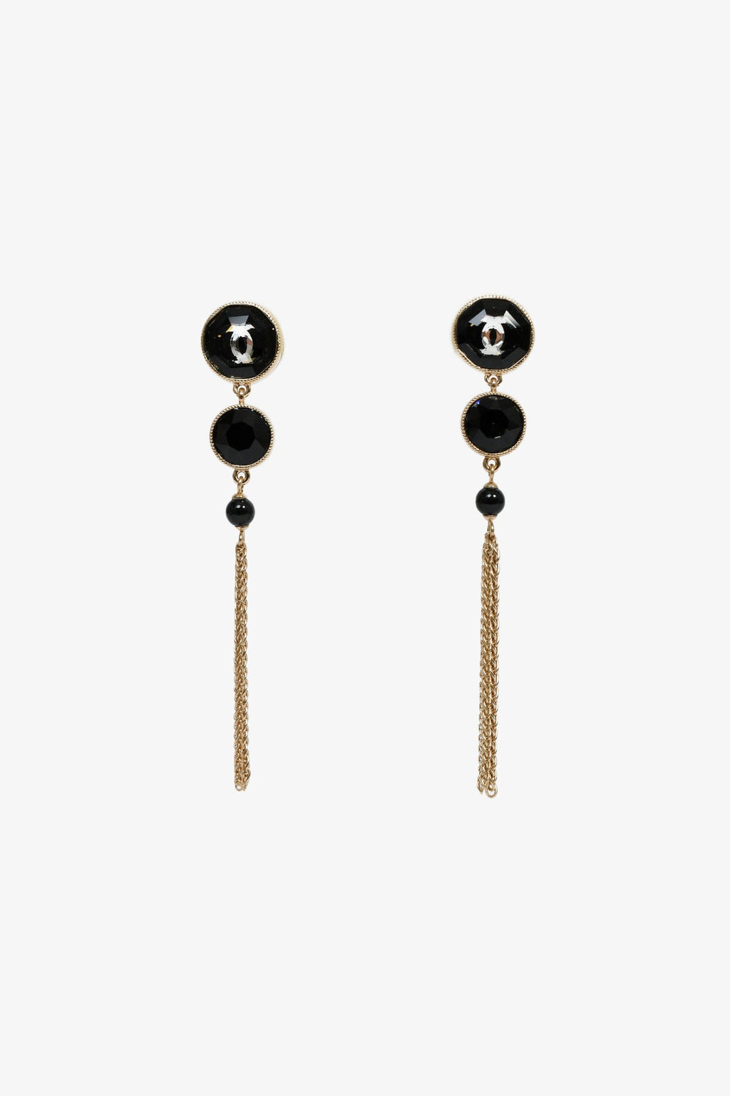 Pre-Loved Chanel™ 2018 Gold Toned Black Double Crystal CC Dangle Earrings
