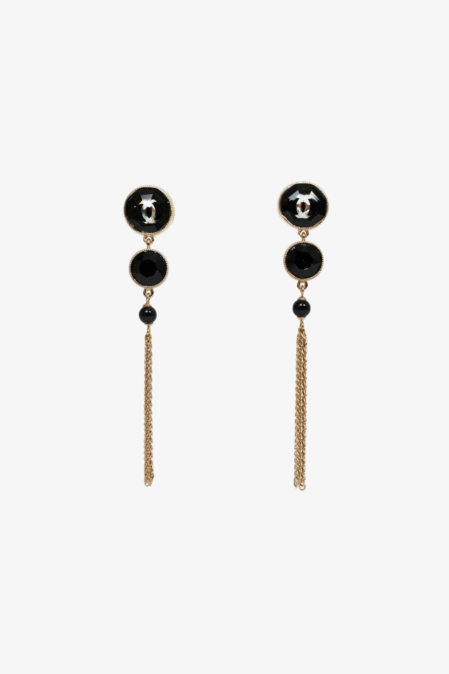 Pre-Loved Chanel™ 2018 Gold Toned Black Double Crystal CC Dangle Earrings
