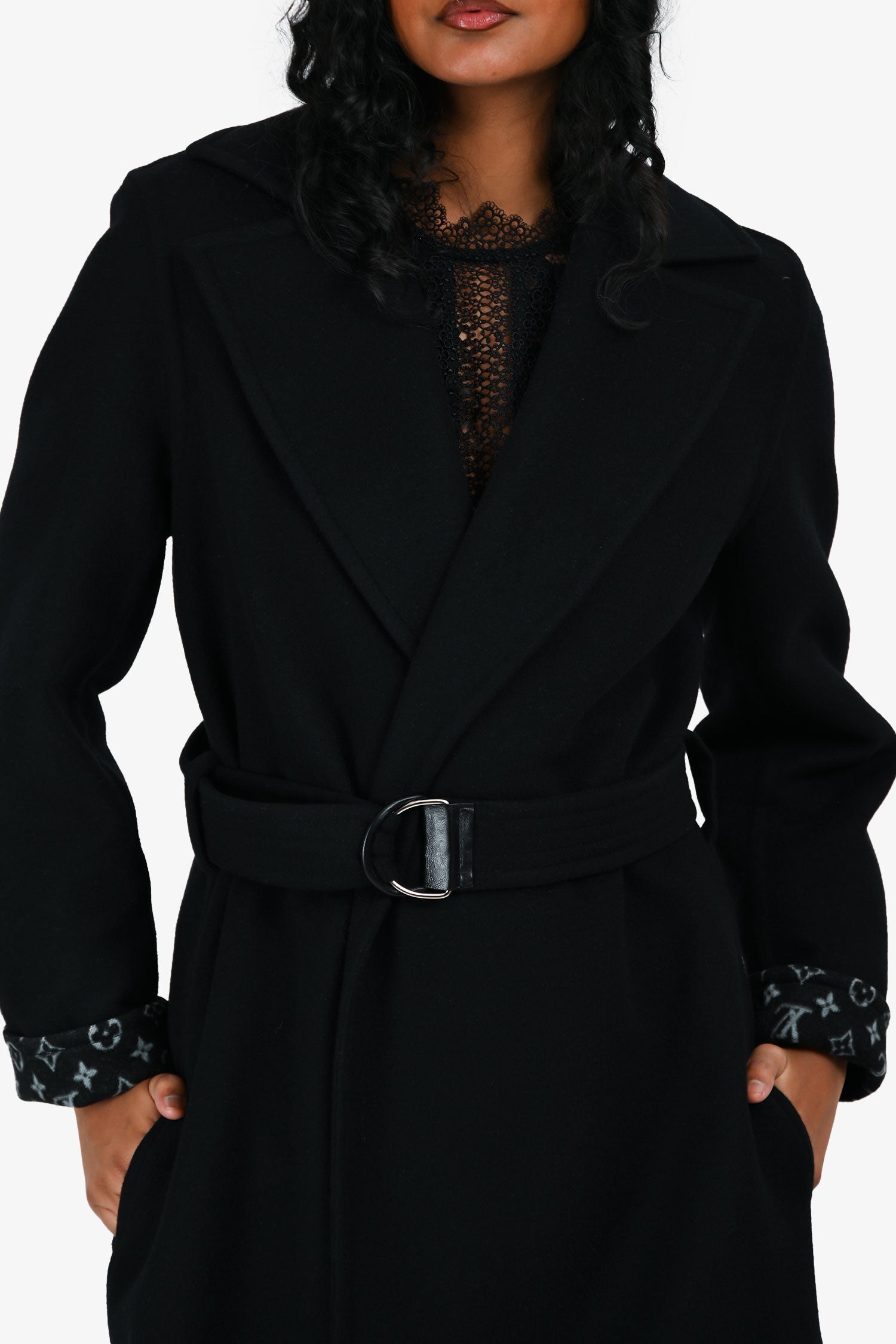 Louis Vuitton Black Wool Monogram Lined Belted Coat Size 36