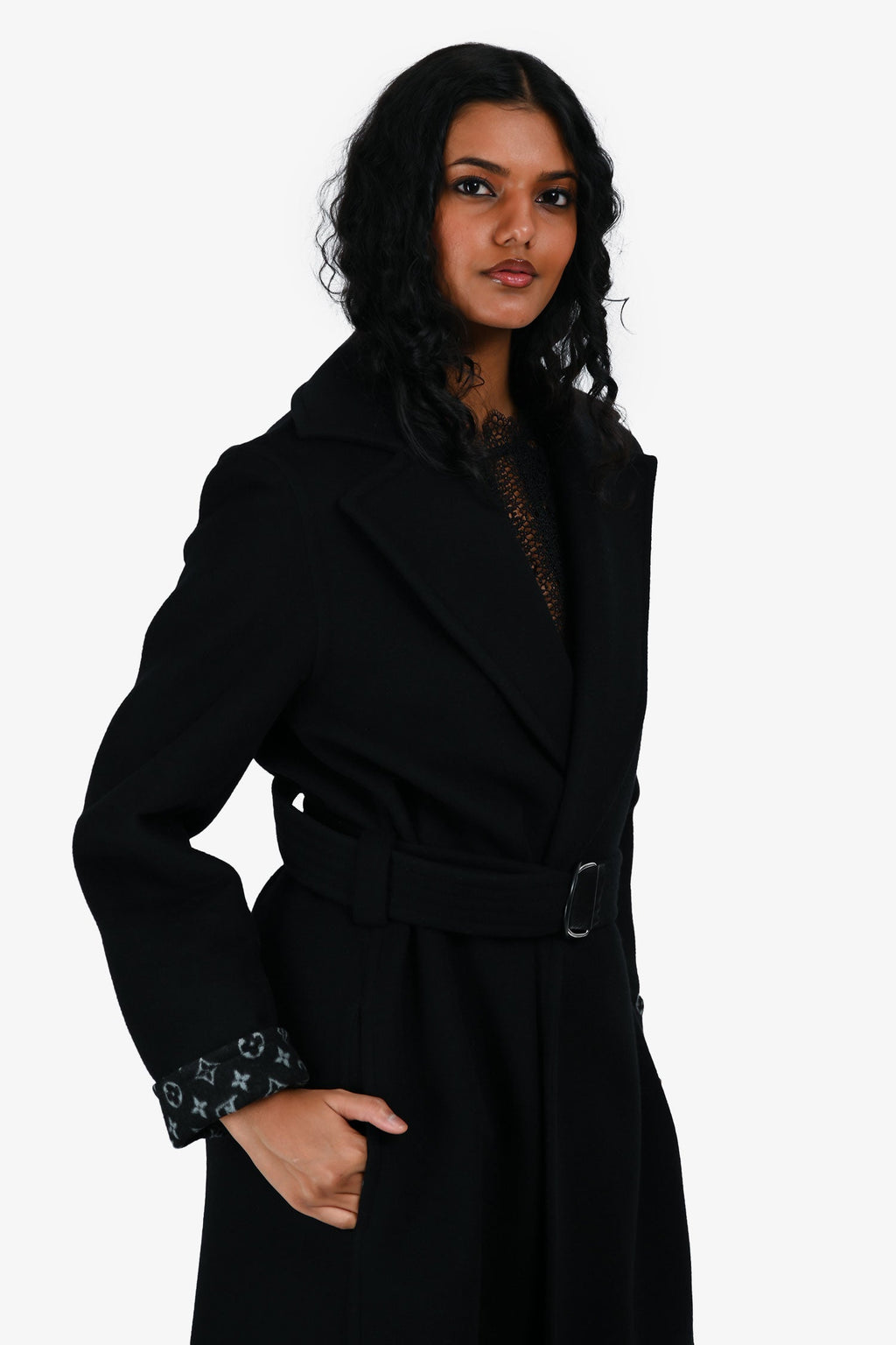 Louis Vuitton Black Wool Monogram Lined Belted Coat Size 36