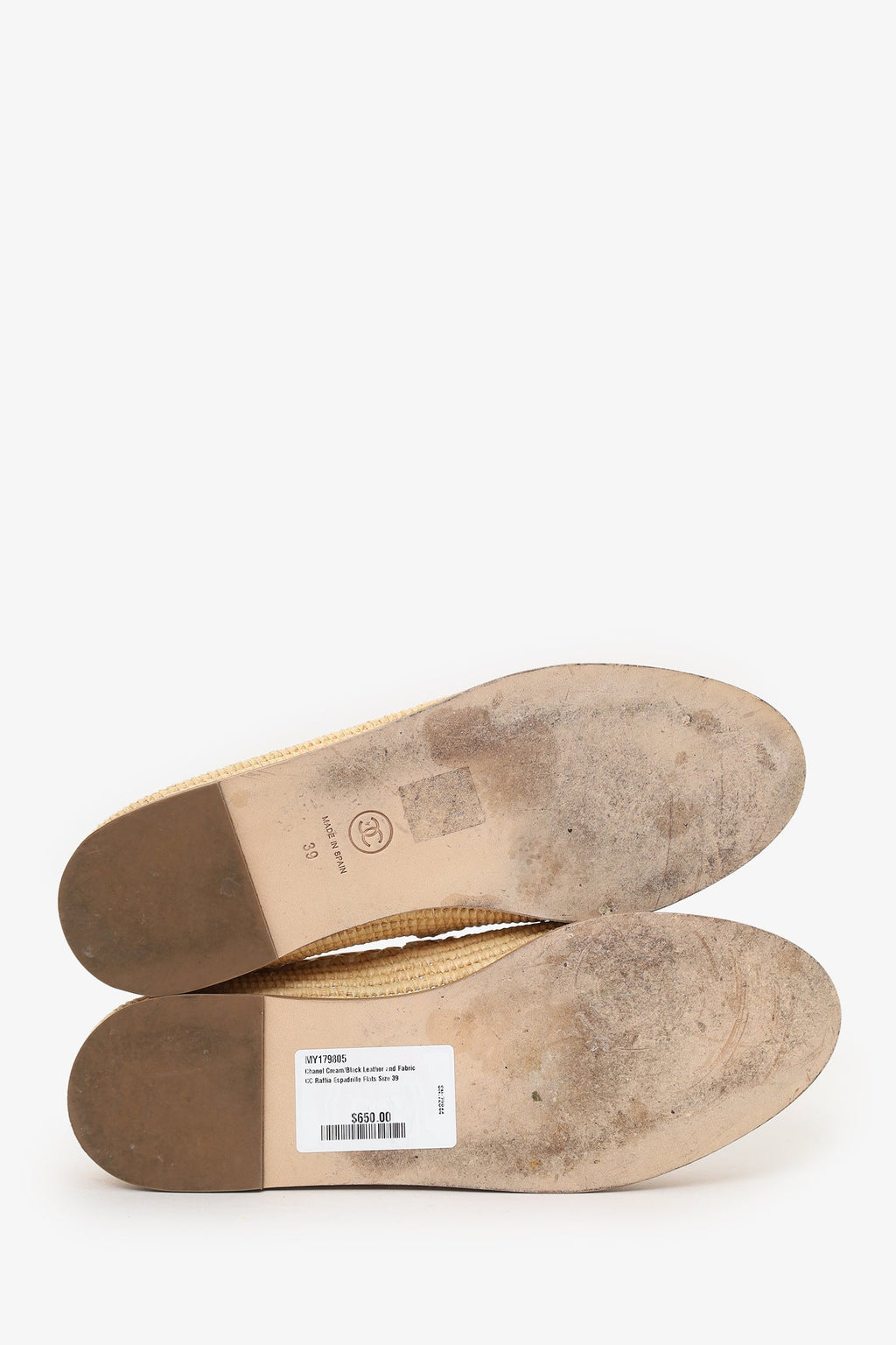 Pre-Loved Chanel™ Cream/Black Leather and Fabric CC Raffia Espadrille Flats Size 39