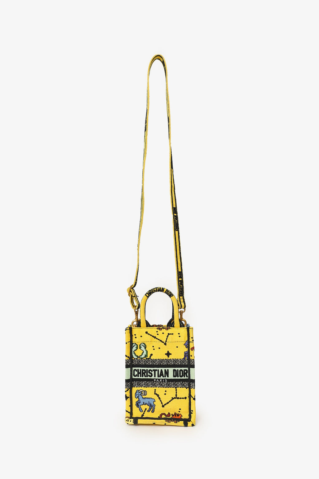 Christian Dior 2022 Yellow Canvas Embroidered Pixel Zodiac Mini Book Tote Phone Bag With Strap