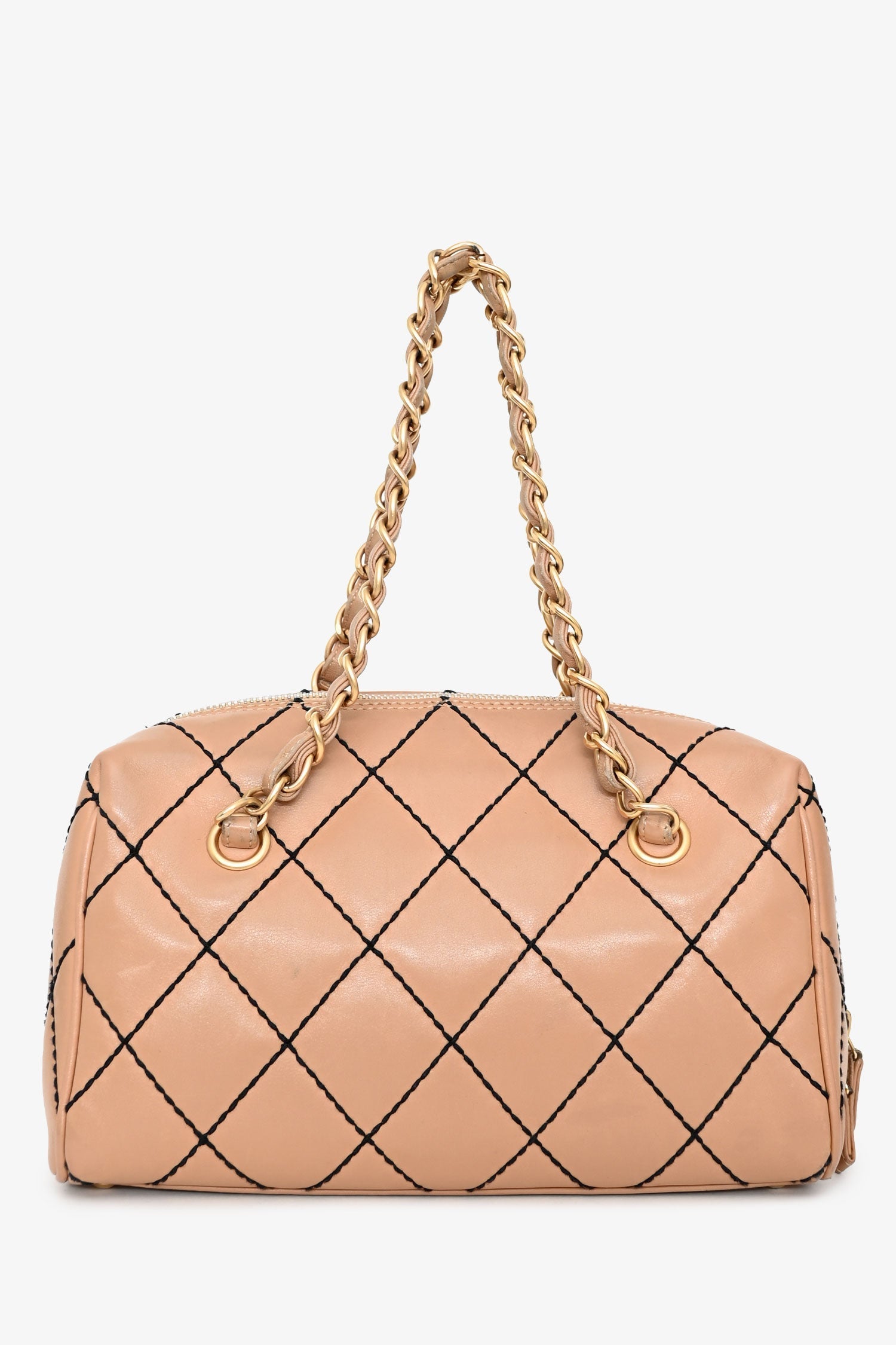Pre-Loved Chanel™ 2003/2004 Cream Leather Wild Stitch Surpique Bowler Bag
