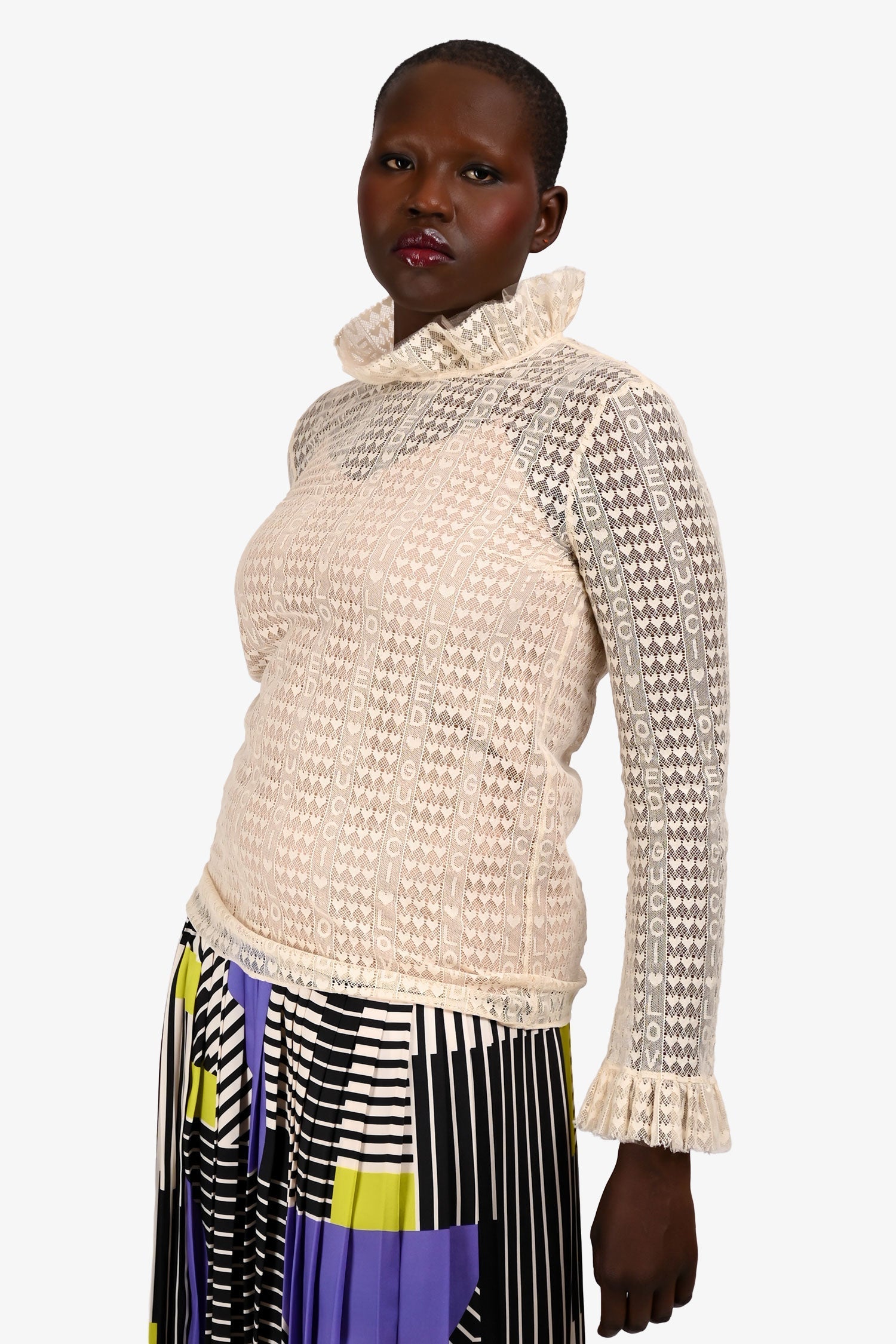 Gucci Cream Lace Ruffle Logo Neckline Long Sleeve Top with Slip SIze 40