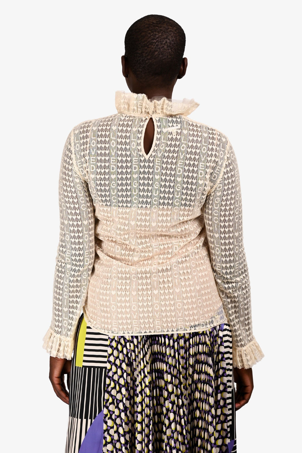 Gucci Cream Lace Ruffle Logo Neckline Long Sleeve Top with Slip SIze 40