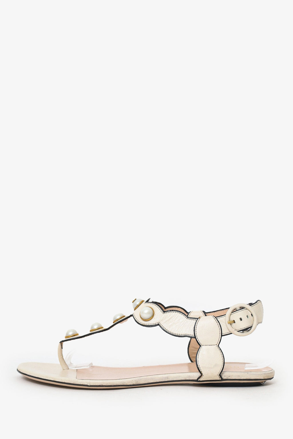 Gucci White Leather Pearl Detail Sandals Size 38.5