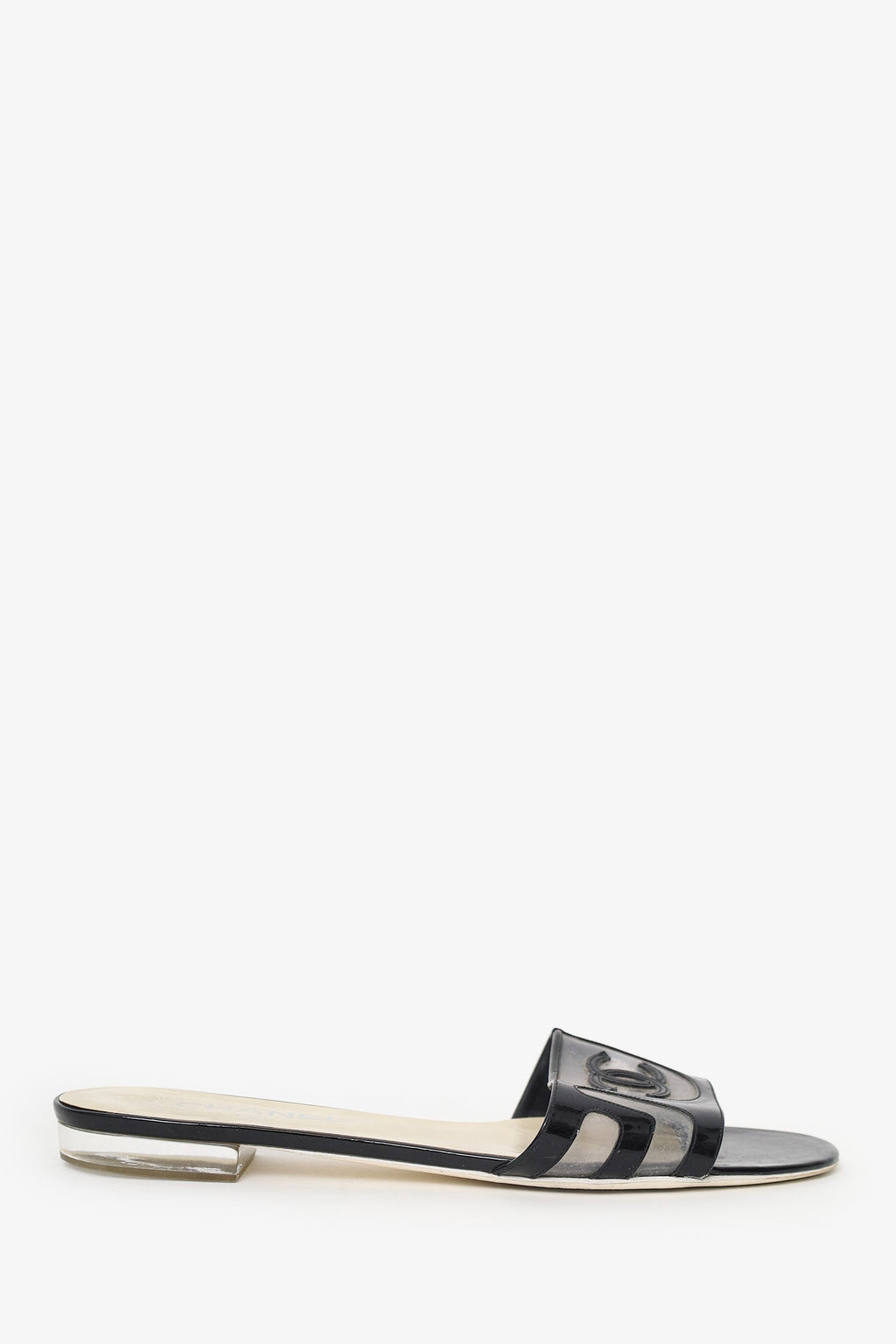 Pre-Loved Chanel™ Black Patent Leather/PVC 'CC' Slides Size 40