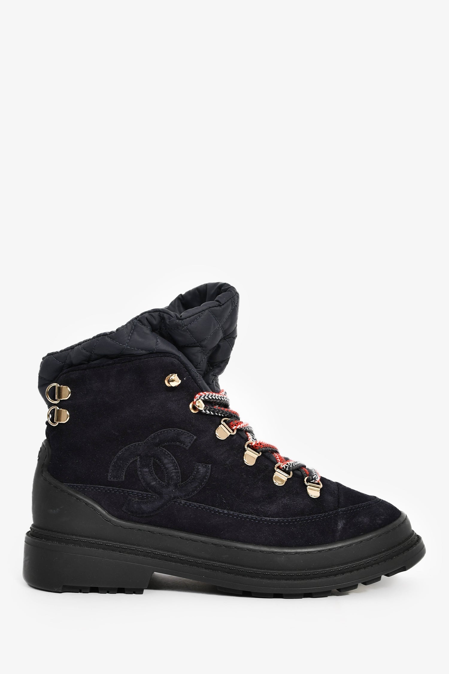 Pre-Loved Chanel™ 2020 Navy Suede Nylon Quilted 'Convertible Spike' Snow Boots Size 36.5