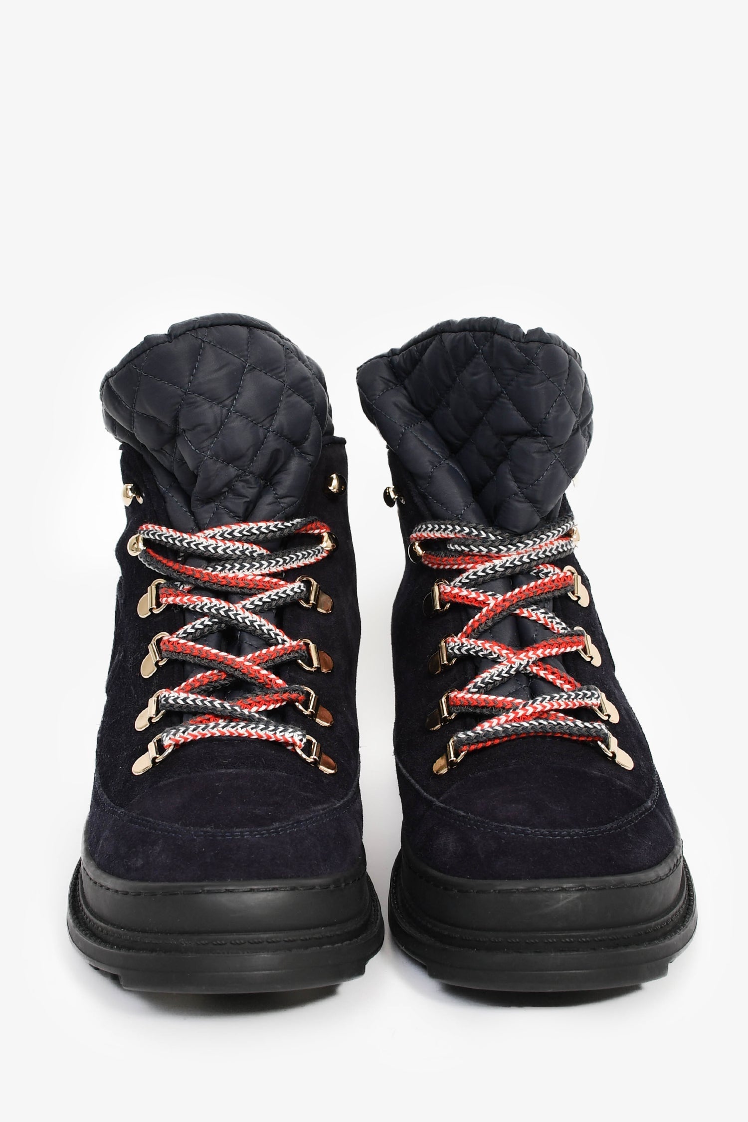 Pre-Loved Chanel™ 2020 Navy Suede Nylon Quilted 'Convertible Spike' Snow Boots Size 36.5