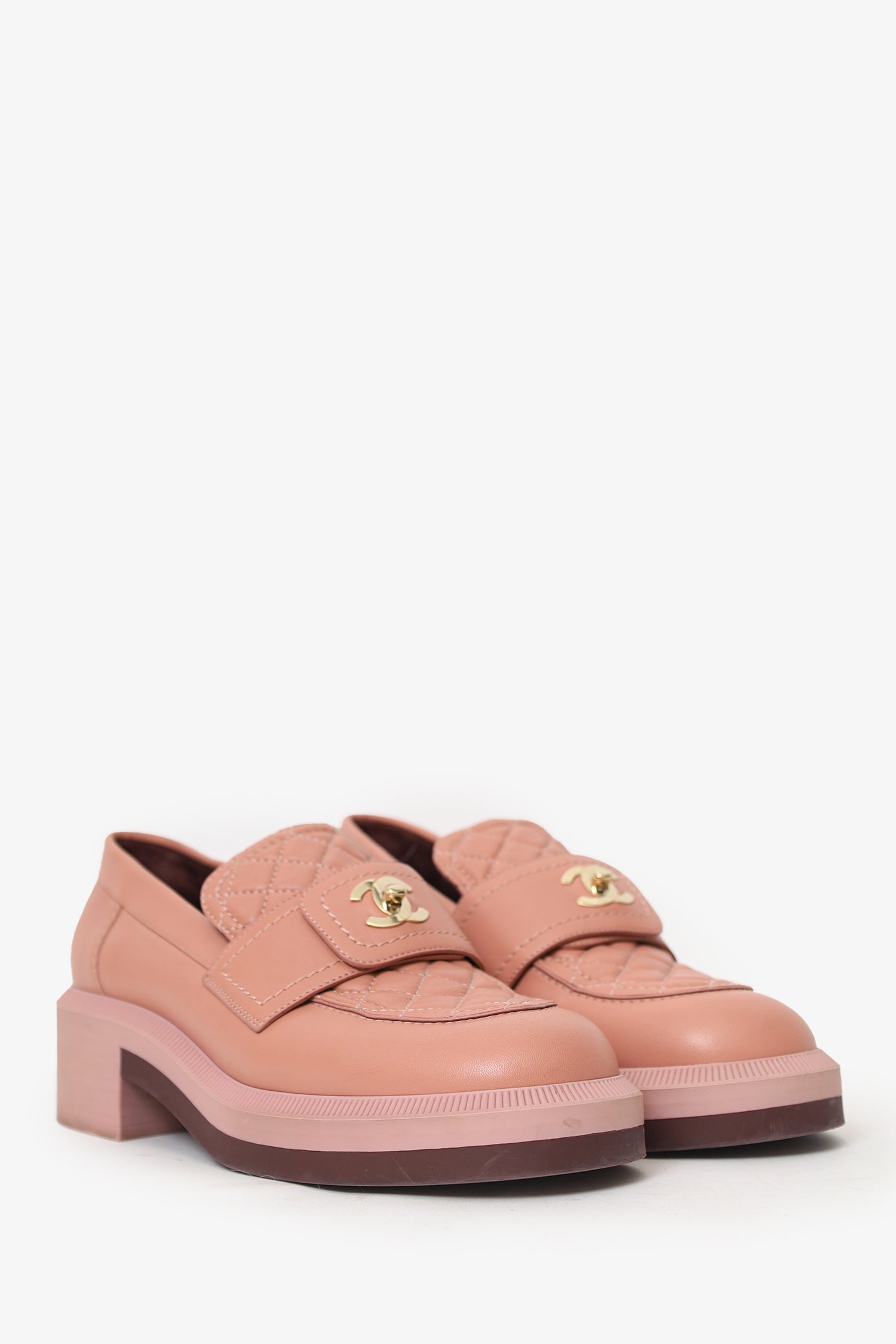 Pre-Loved Chanel™ Pink Quilted Leather Turn Lock CC Loafers Size 37.5