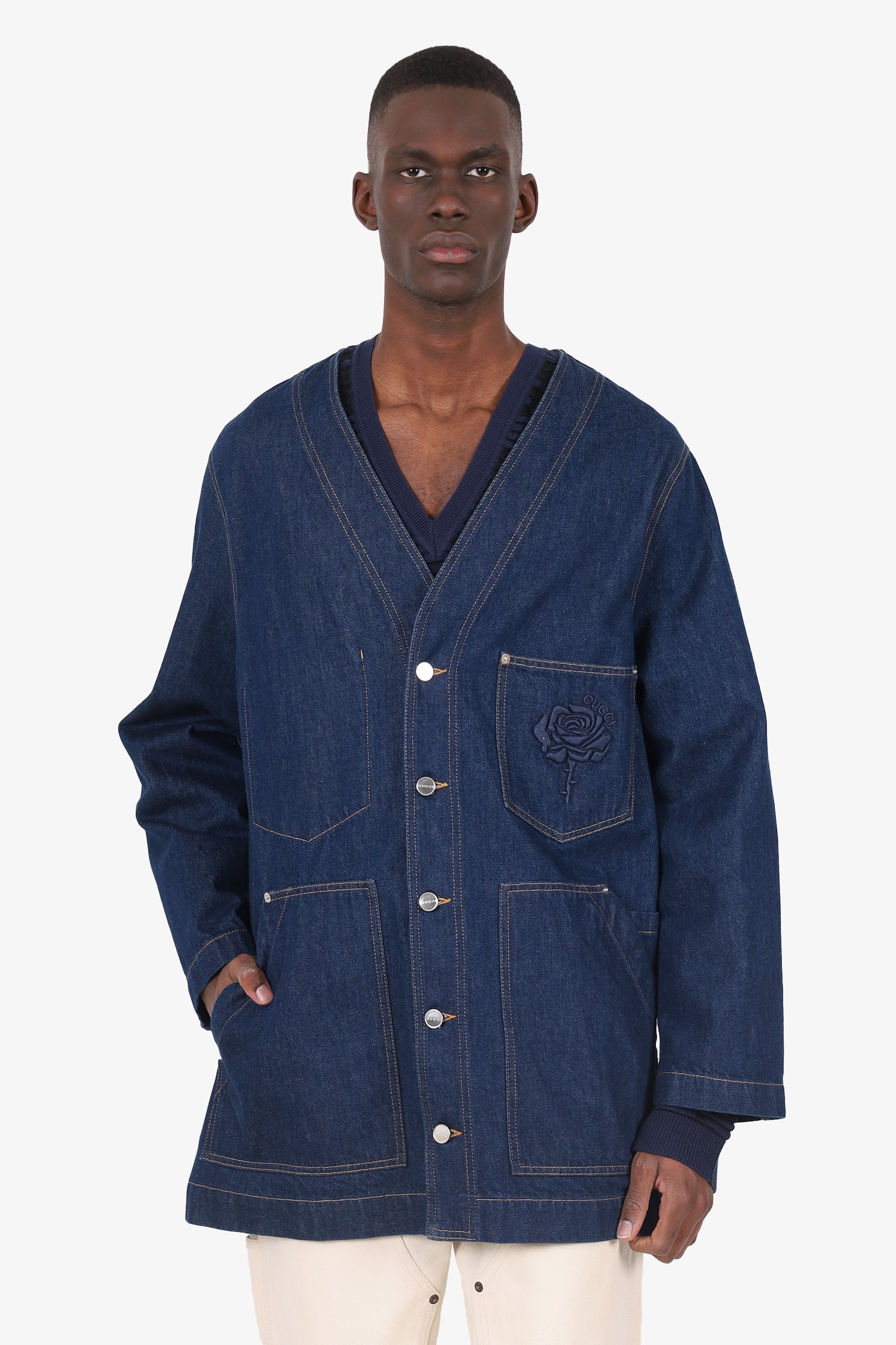 Gucci Blue Denim Rose Embroidery Kimono Jacket Size 56 Mens