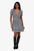 Chanel White/Black Tweed V-Neck Short Sleeve Shift Midi Dress Size 34